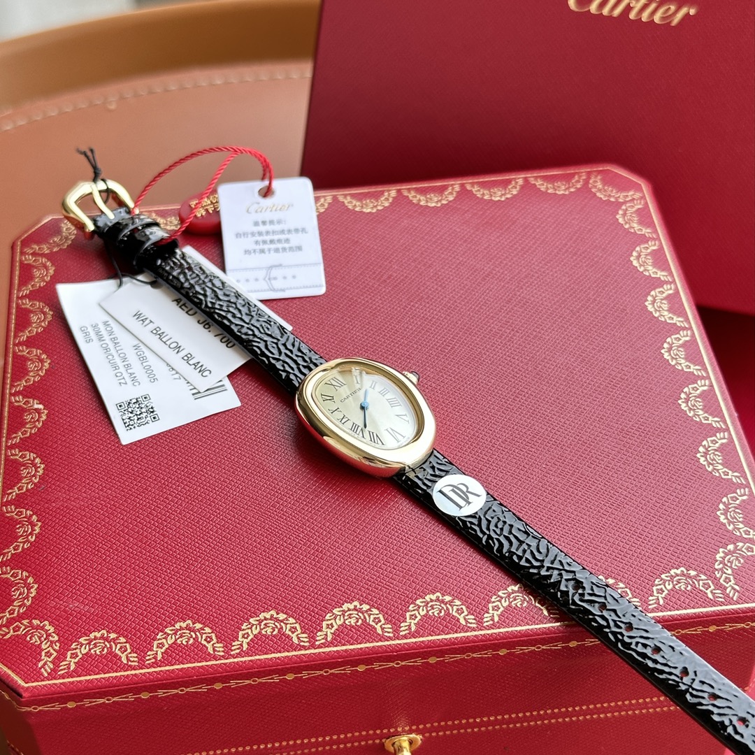 Cartier Baignoire Women's Watch, Oval 18K Yellow Gold Case (Approx. 23×30mm), Quartz Movement, Black Alligator Leather Strap