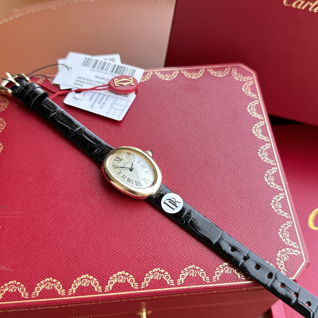 Cartier Baignoire Women's Watch, Oval 18K Yellow Gold Case (23×30mm), Quartz Movement, Black Alligator Leather Strap