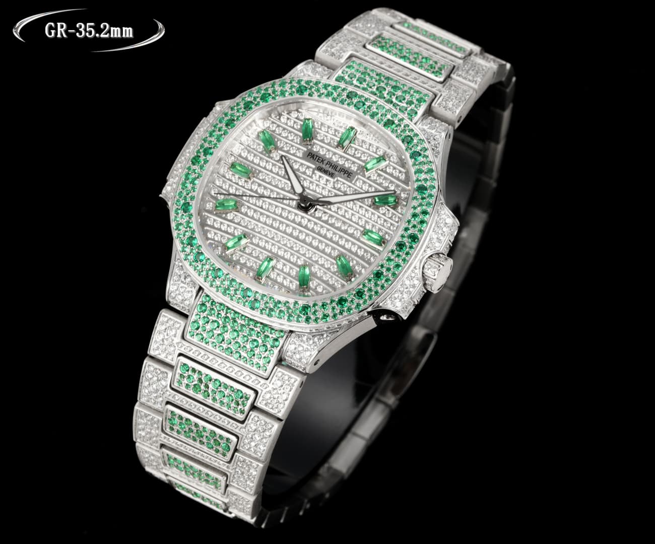 Patek Philippe Nautilus-Inspired ~35.2mm White Gold Diamond & Emerald-Set Automatic Watch (Caliber 324 S C)