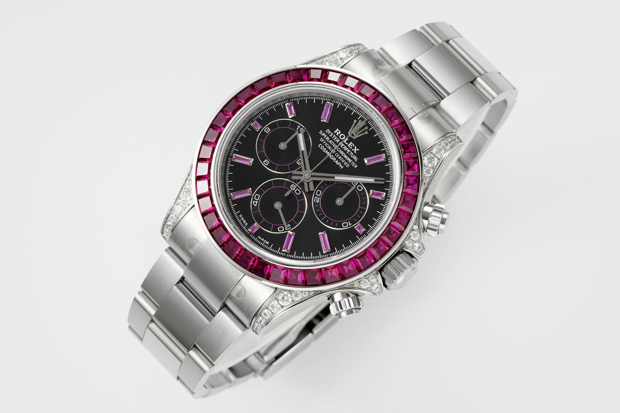 Rolex Cosmograph Daytona ~40mm Stainless Steel Ruby & Diamond-Set Automatic Chronograph Watch (Caliber 4130)