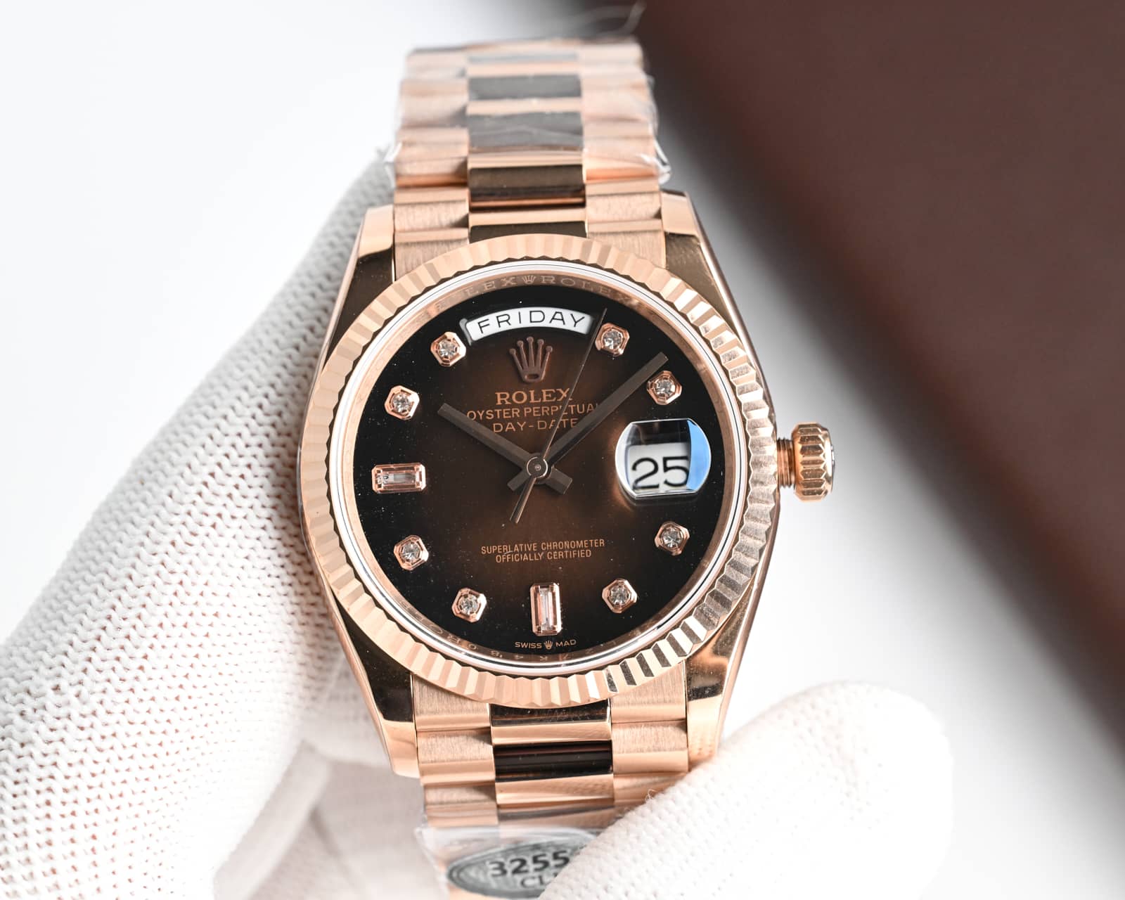 Rolex Day-Date 36mm 18K Rose Gold Diamond-Set Automatic Watch (Caliber 3255)