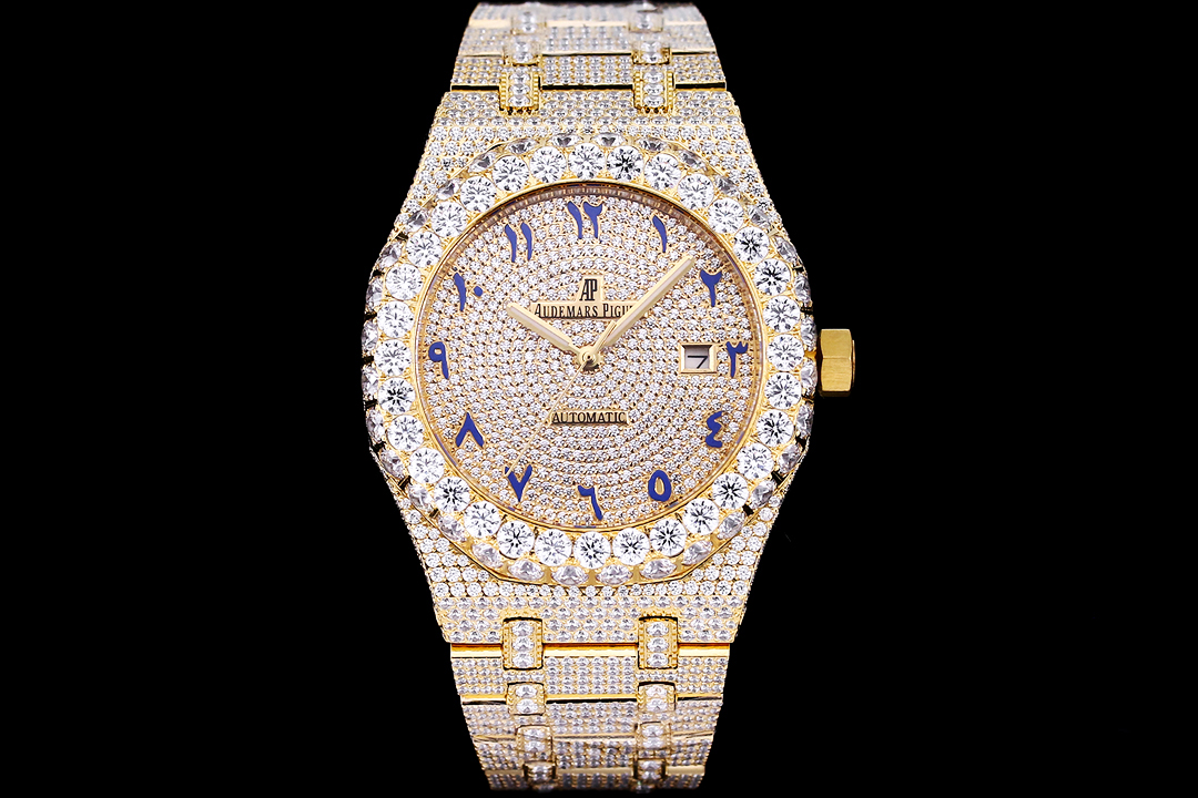 Audemars Piguet Royal Oak 41mm Watch, Yellow Gold Case with Full Diamond Setting, Diamond-Paved Dial with Blue Numerals, Yellow Gold Diamond-Set Bracelet - Automatic Movement