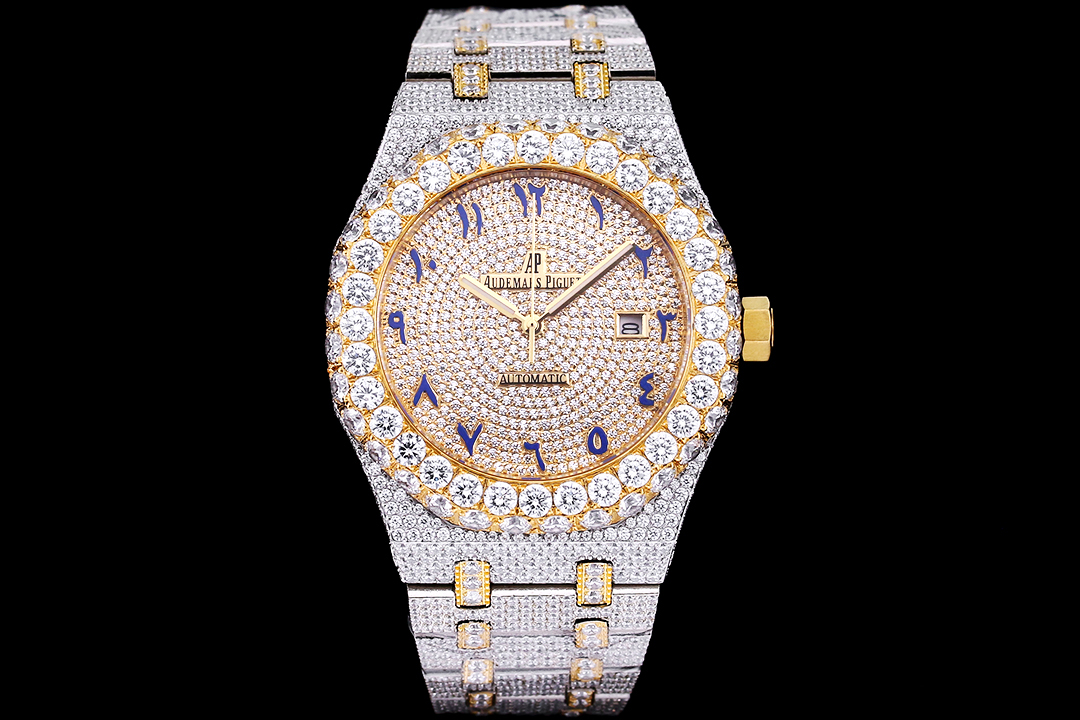 Audemars Piguet Royal Oak 41mm Watch, Two-Tone (Stainless Steel & Gold) Case with Full Diamond Setting, Diamond-Paved Dial with Blue Numerals, Two-Tone Diamond-Set Bracelet - Automatic Movement
