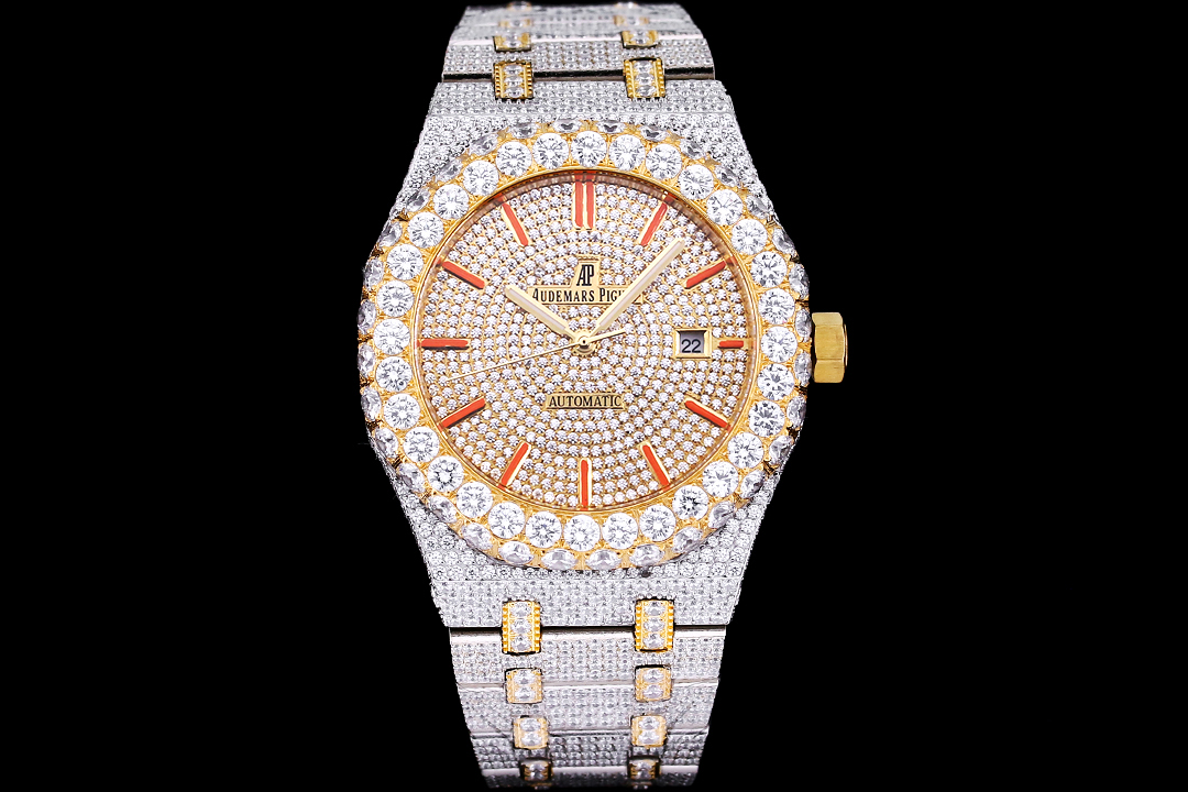 Audemars Piguet Royal Oak 41mm Watch, Two-Tone (Stainless Steel & Gold) Case with Full Diamond Setting, Diamond-Paved Dial with Red Markers, Two-Tone Diamond-Set Bracelet - Automatic Movement