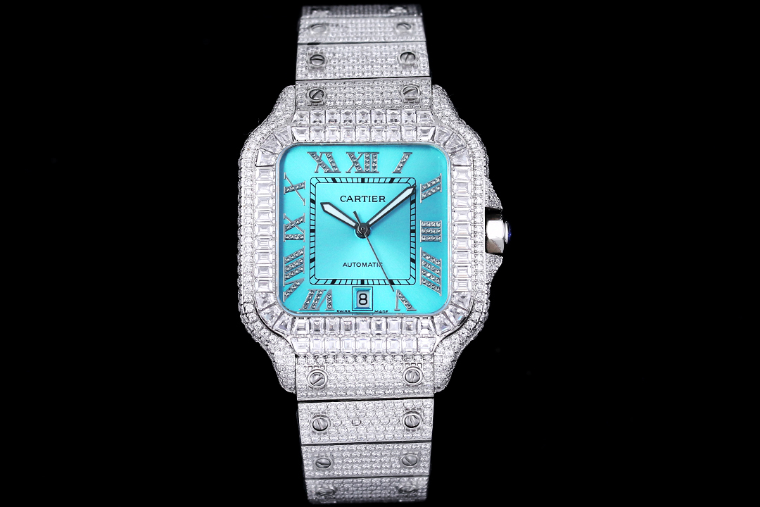 Cartier Santos De Cartier Watch, ~39mm Stainless Steel Case with Full Baguette & Round Diamond Setting, Turquoise Roman Numeral Dial, Diamond-Set Stainless Steel Bracelet - Automatic Movement