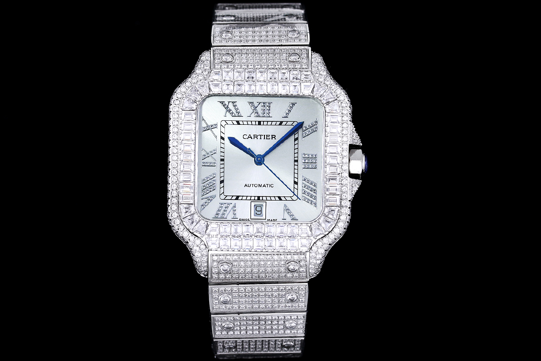 Cartier Santos De Cartier Watch, ~39mm Stainless Steel Case with Full Baguette & Round Diamond Setting, Silver Roman Numeral Dial, Diamond-Set Stainless Steel Bracelet - Automatic Movement