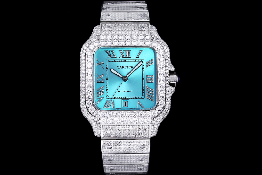Cartier Santos De Cartier Watch, ~39mm Stainless Steel Case with Full Diamond Setting, Turquoise Roman Numeral Dial, Diamond-Set Stainless Steel Bracelet - Automatic Movement