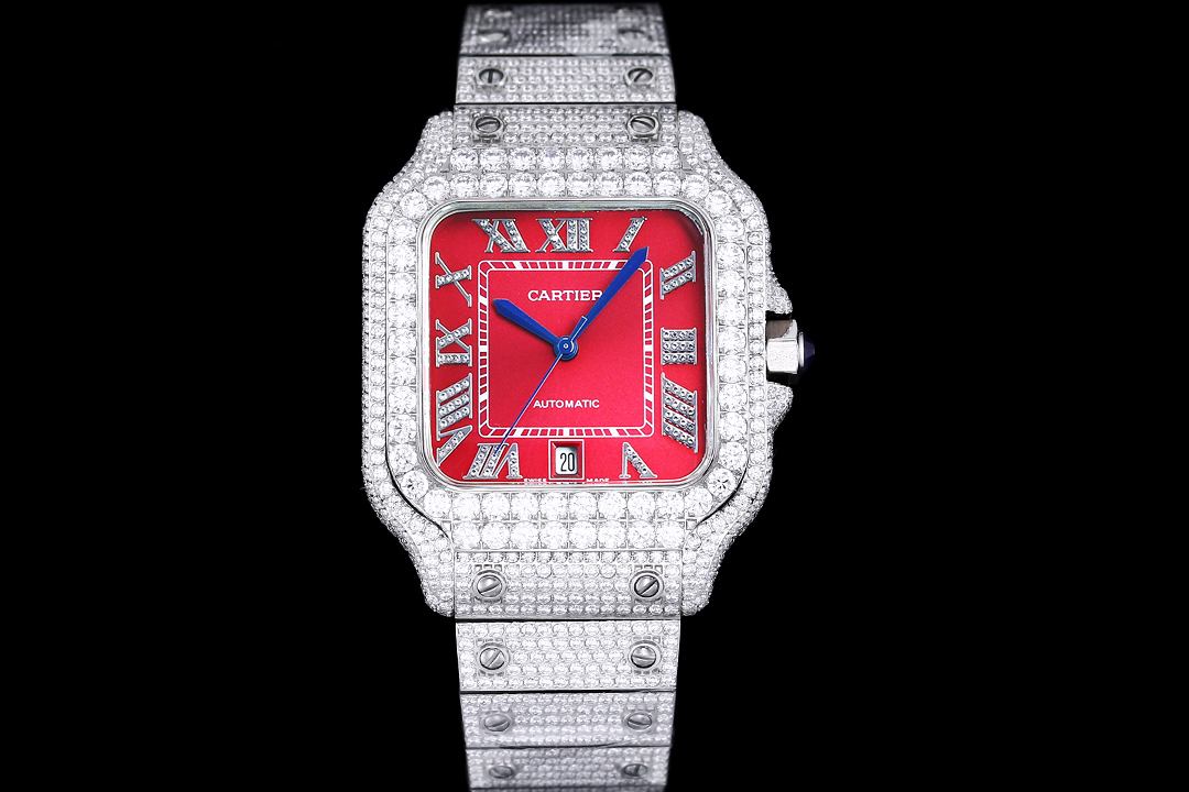 Cartier Santos De Cartier Watch, ~39mm Stainless Steel Case with Full Diamond Setting, Red Roman Numeral Dial, Diamond-Set Stainless Steel Bracelet - Automatic Movement