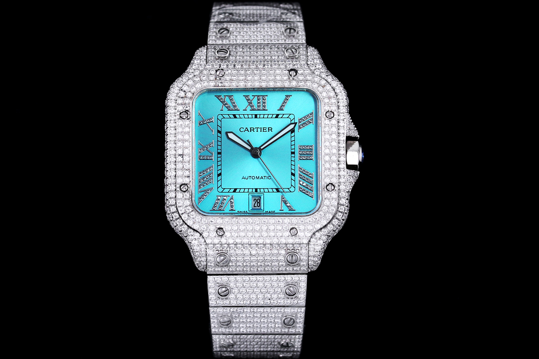 Cartier Santos De Cartier Watch, ~39mm Stainless Steel Case with Full Diamond Setting, Turquoise Roman Numeral Dial, Diamond-Set Stainless Steel Bracelet - Automatic Movement