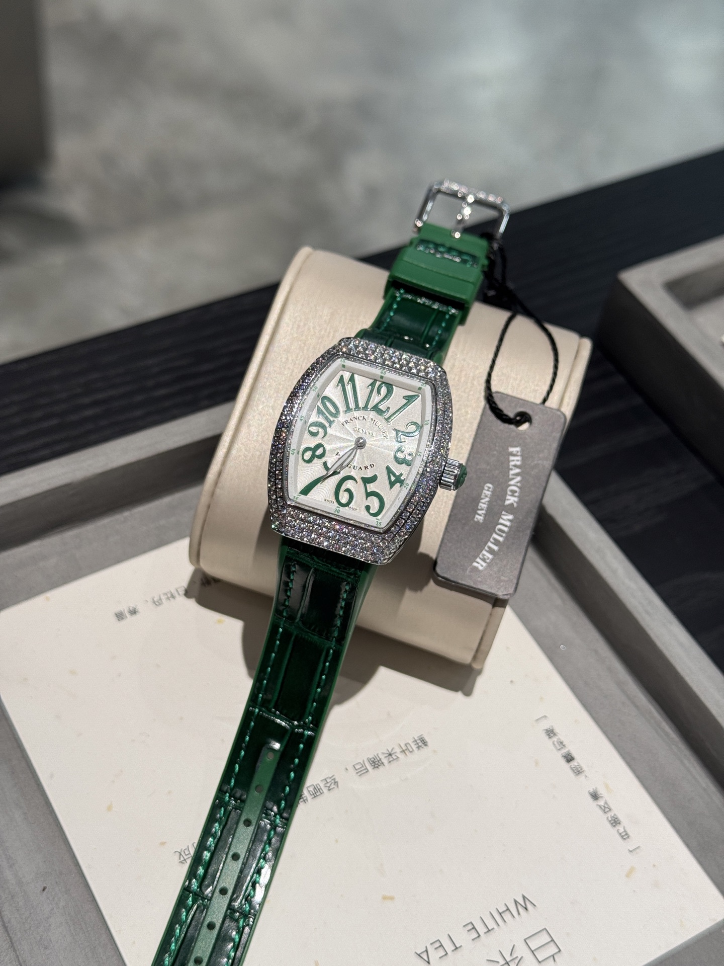 Franck Muller Complications Curvex Watch, ~32mm Diamond-Set Case, White Dial with Green Numerals, Green Alligator Leather Strap - Automatic Movement