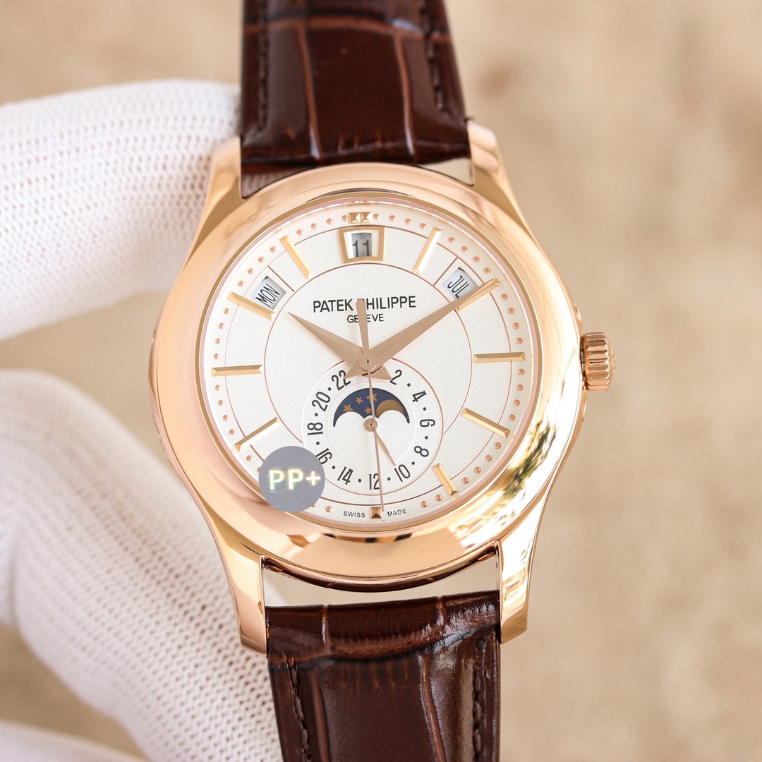 Patek Philippe Annual Calendar 40mm Watch with White Dial, Rose Gold Case & Brown Alligator Strap - Automatic Movement