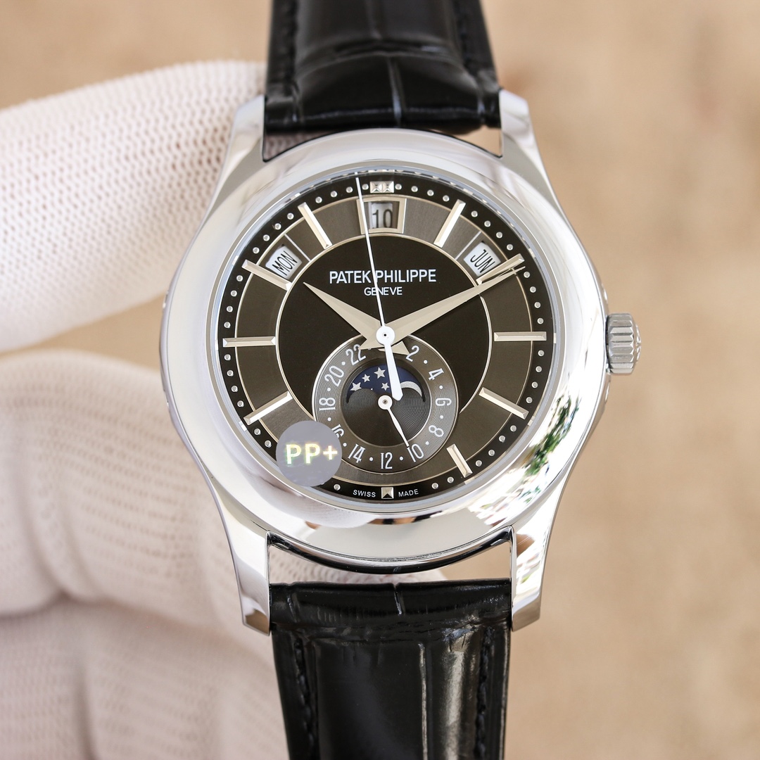 Patek Philippe Annual Calendar 40mm Watch with Grey-Black Dial, Stainless Steel Case & Black Alligator Strap - Automatic Movement
