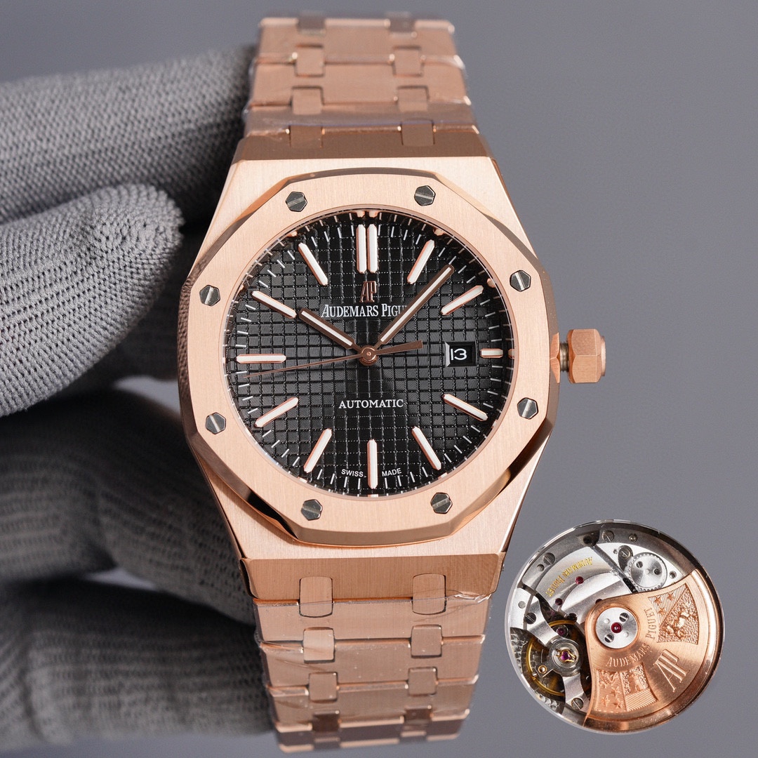Audemars Piguet Royal Oak 41mm Watch with Black "Petite Tapisserie" Dial, Rose Gold Case & Bracelet - Automatic Movement
