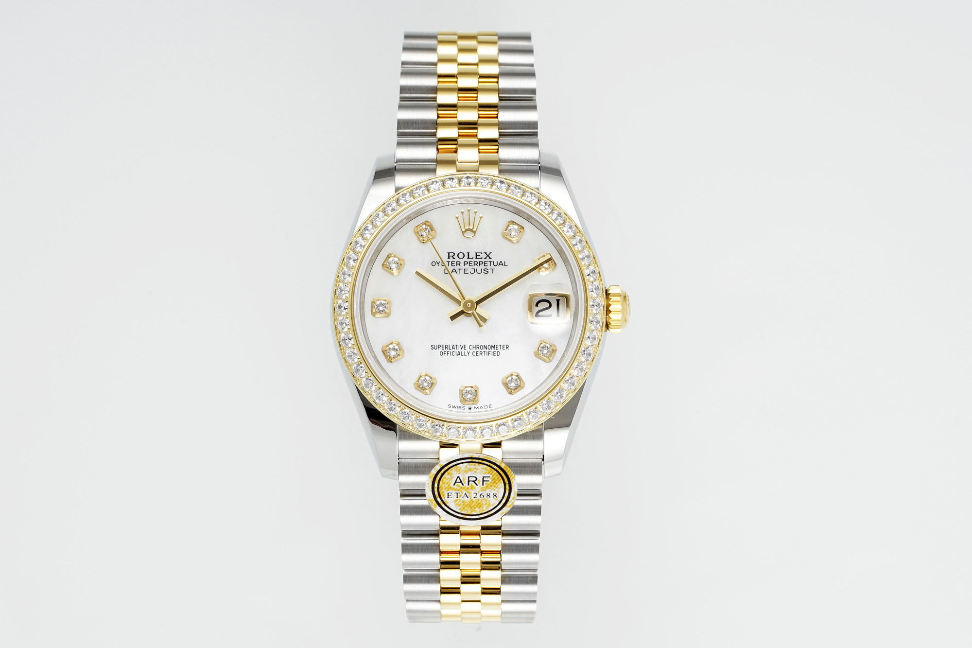 Rolex Datejust 31mm Watch with White Mother-of-Pearl Dial, Diamond Markers, Diamond-Set Bezel, Two-Tone (Stainless Steel & Yellow Gold) Jubilee Bracelet - ETA 2688 Movement