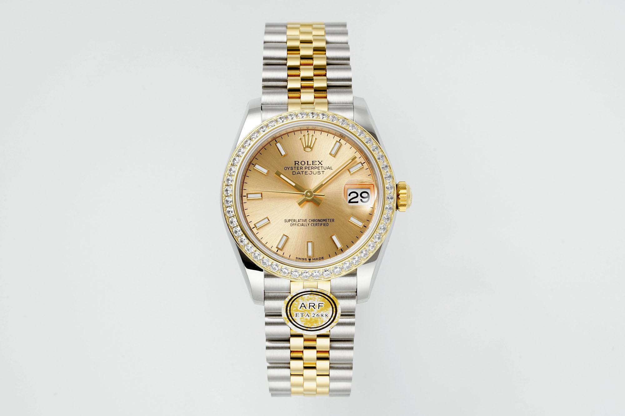 Rolex Datejust 31mm Watch with Champagne Index Dial, Diamond-Set Bezel, Two-Tone (Stainless Steel & Yellow Gold) Jubilee Bracelet - ETA 2688 Movement