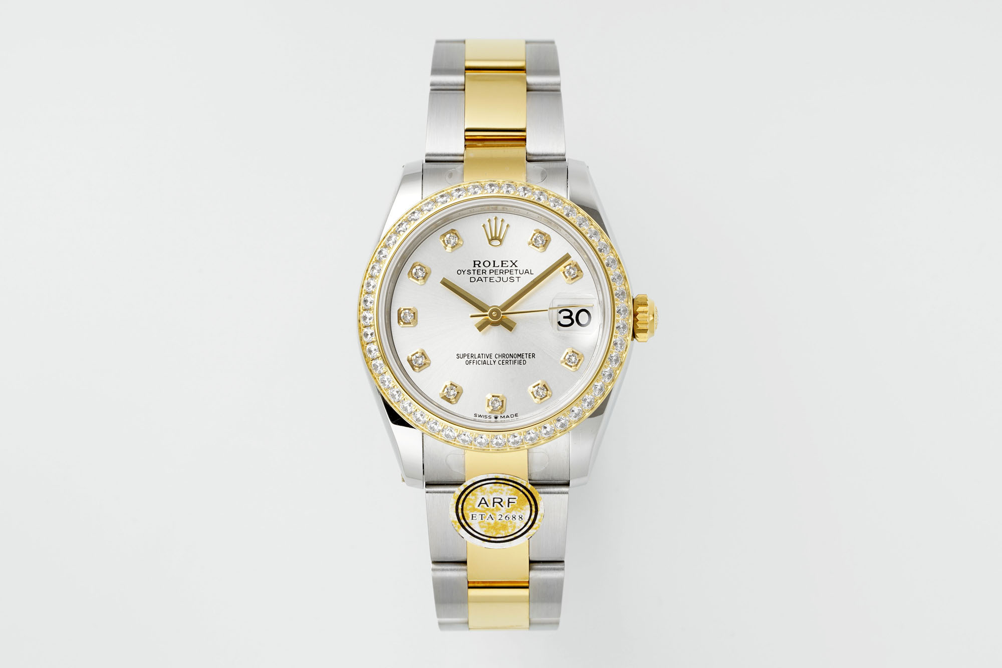 Rolex Datejust 31mm Watch with White Diamond Dial, Diamond-Set Bezel, Two-Tone (Stainless Steel & Yellow Gold) Oyster Bracelet - ETA 2688 Movement