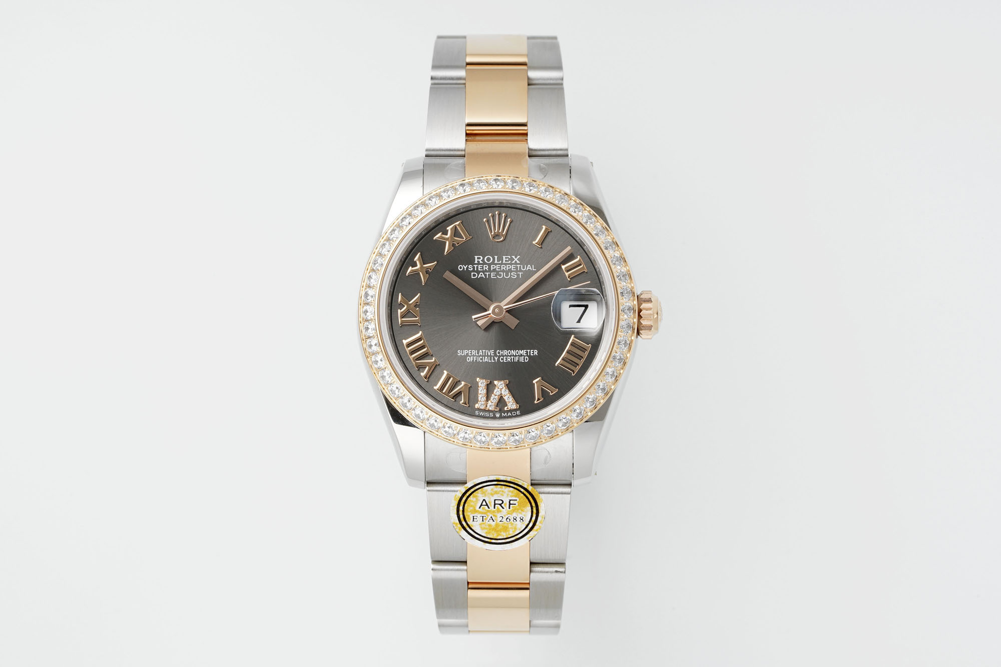 Rolex Datejust 31mm Watch with Dark Grey Roman Dial, Diamond-Set Bezel, Two-Tone (Stainless Steel & Rose Gold) Oyster Bracelet - ETA 2688 Movement