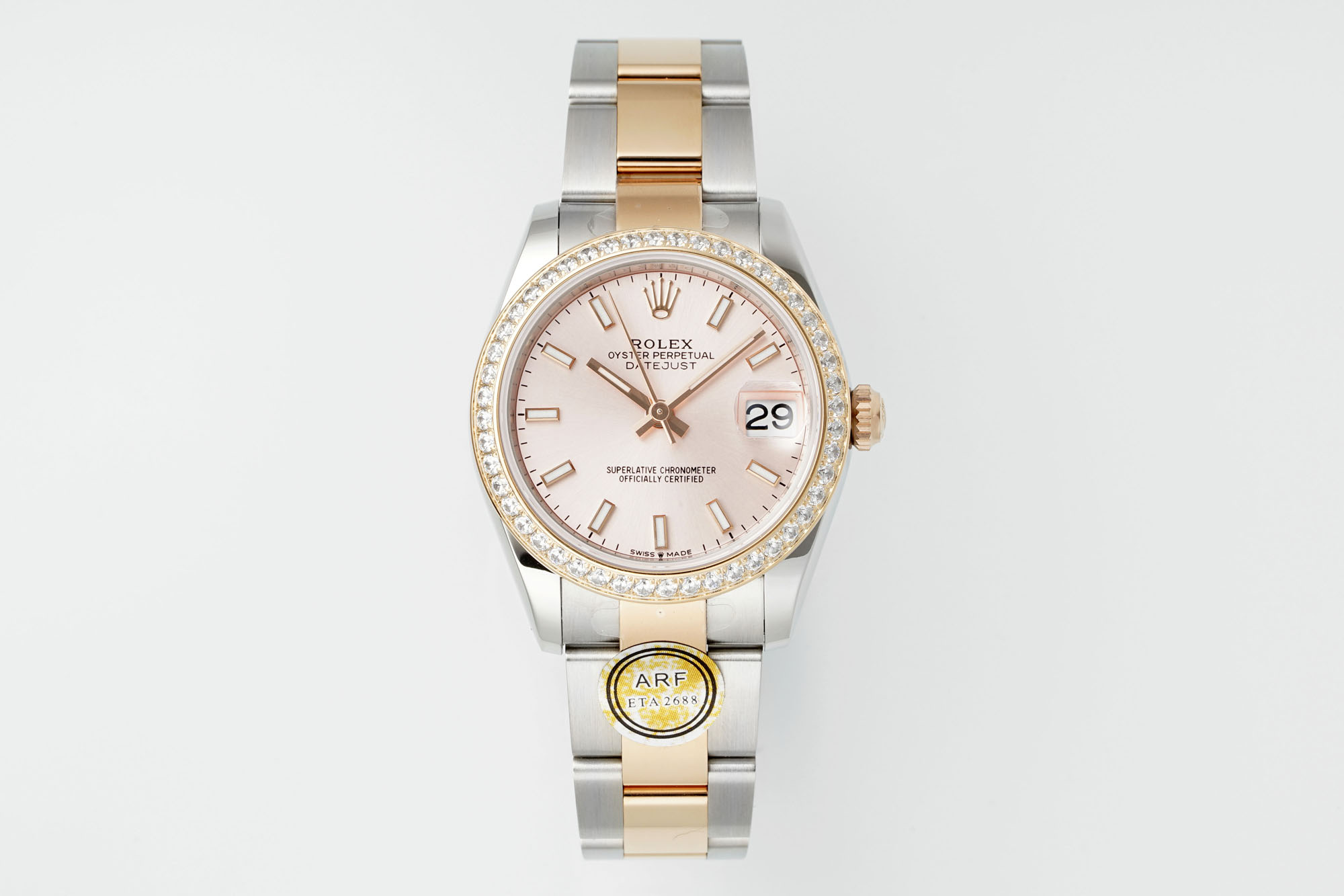 Rolex Datejust 31mm Watch with Pink Index Dial, Diamond-Set Bezel, Two-Tone (Stainless Steel & Rose Gold) Oyster Bracelet - ETA 2688 Movement