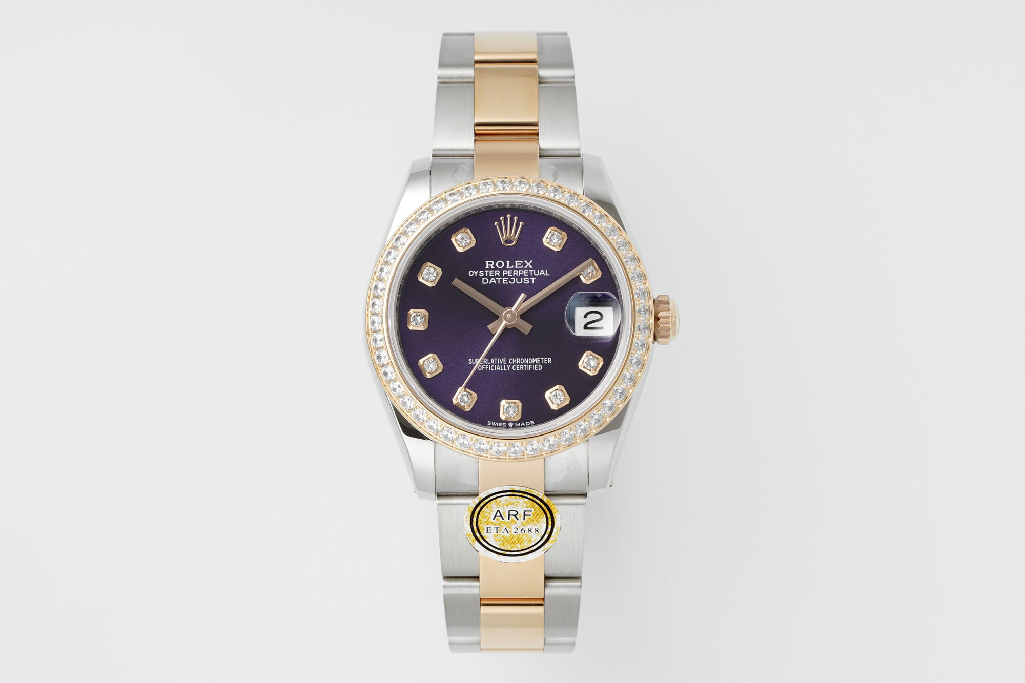 Rolex Datejust 31mm Watch with Purple Diamond Dial, Diamond-Set Bezel, Two-Tone (Stainless Steel & Rose Gold) Oyster Bracelet - ETA 2688 Movement
