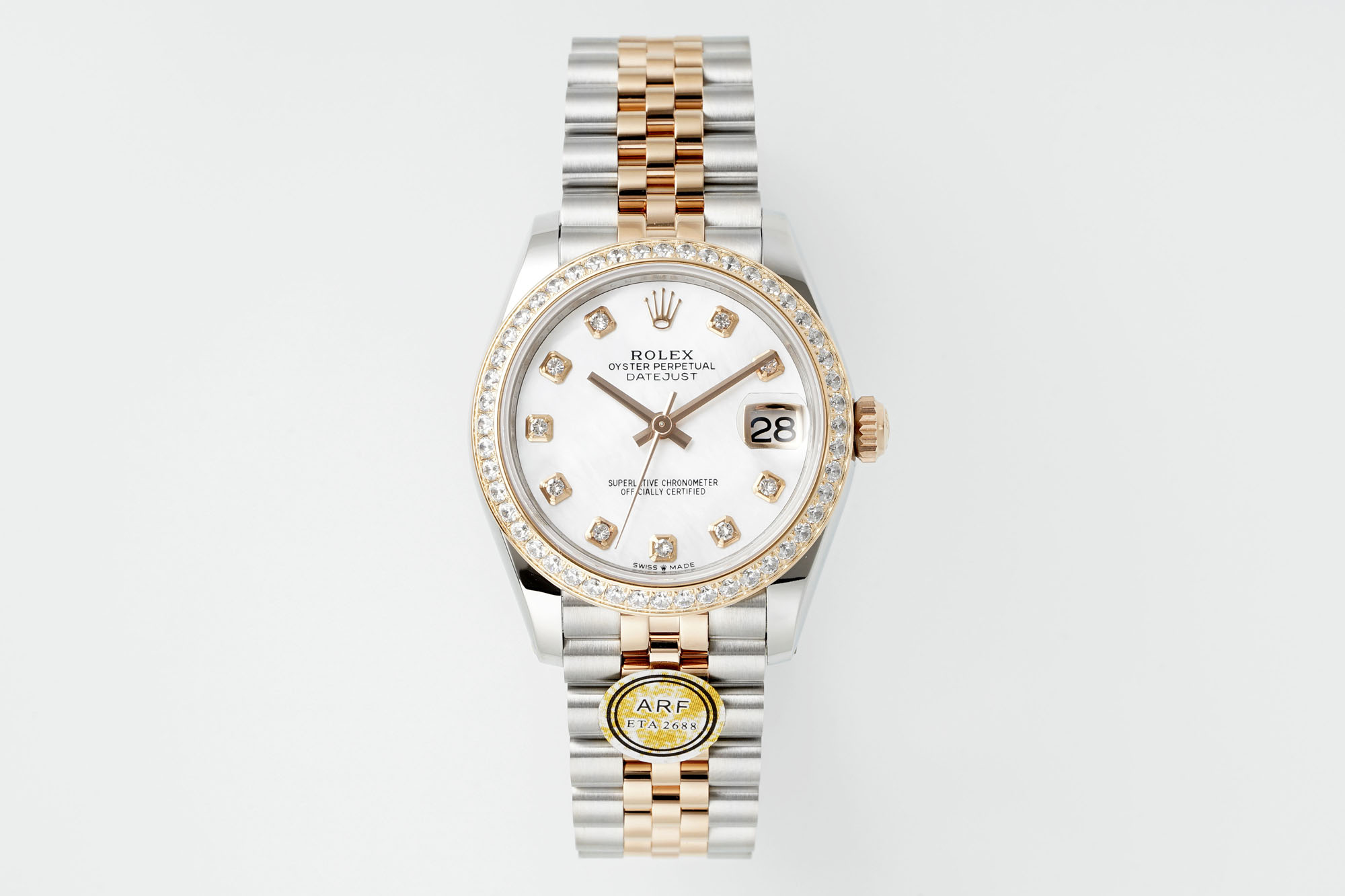 Rolex Datejust 31mm Watch with White Mother-of-Pearl Dial, Diamond Markers, Diamond-Set Bezel, Two-Tone (Stainless Steel & Rose Gold) Jubilee Bracelet - ETA 2688 Movement
