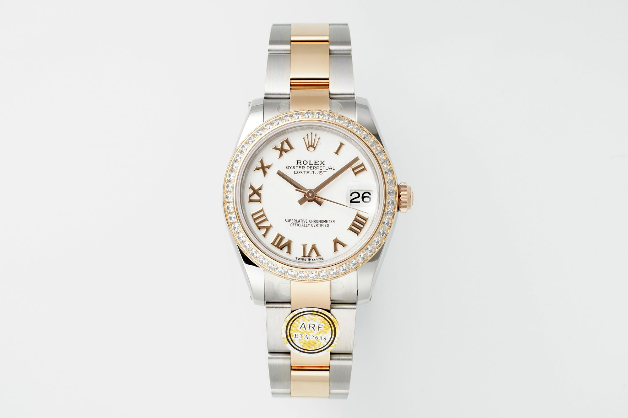Rolex Datejust 31mm Watch with White Roman Dial, Diamond-Set Bezel, Two-Tone (Stainless Steel & Rose Gold) Jubilee Bracelet - ETA 2688 Movement