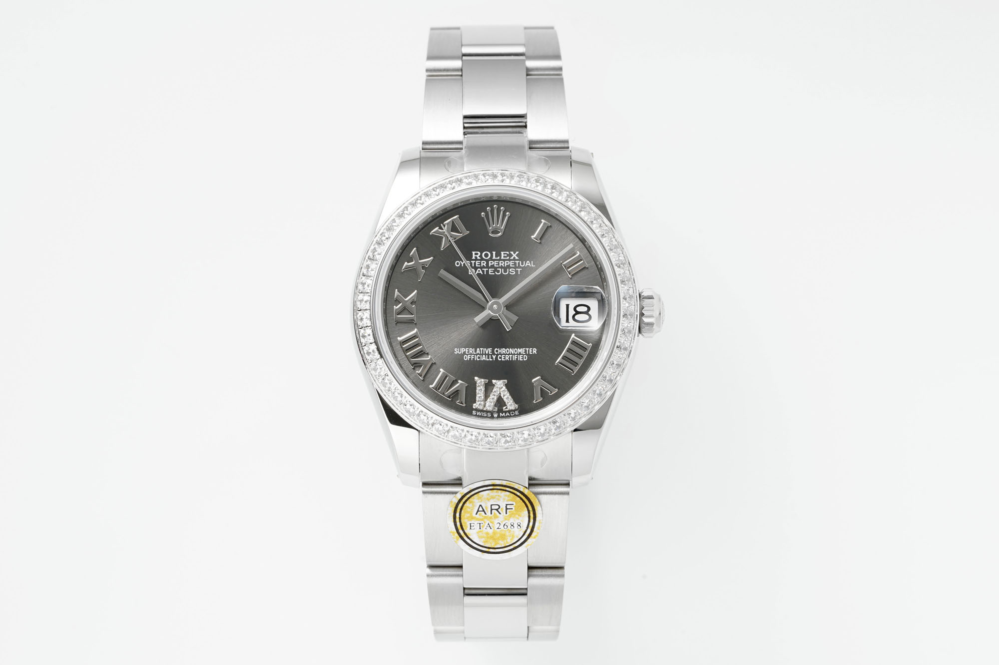 Rolex Datejust Dark Grey Roman Dial Diamond - Set Bezel Stainless Steel Watch, 31mm, ETA 2688 Movement