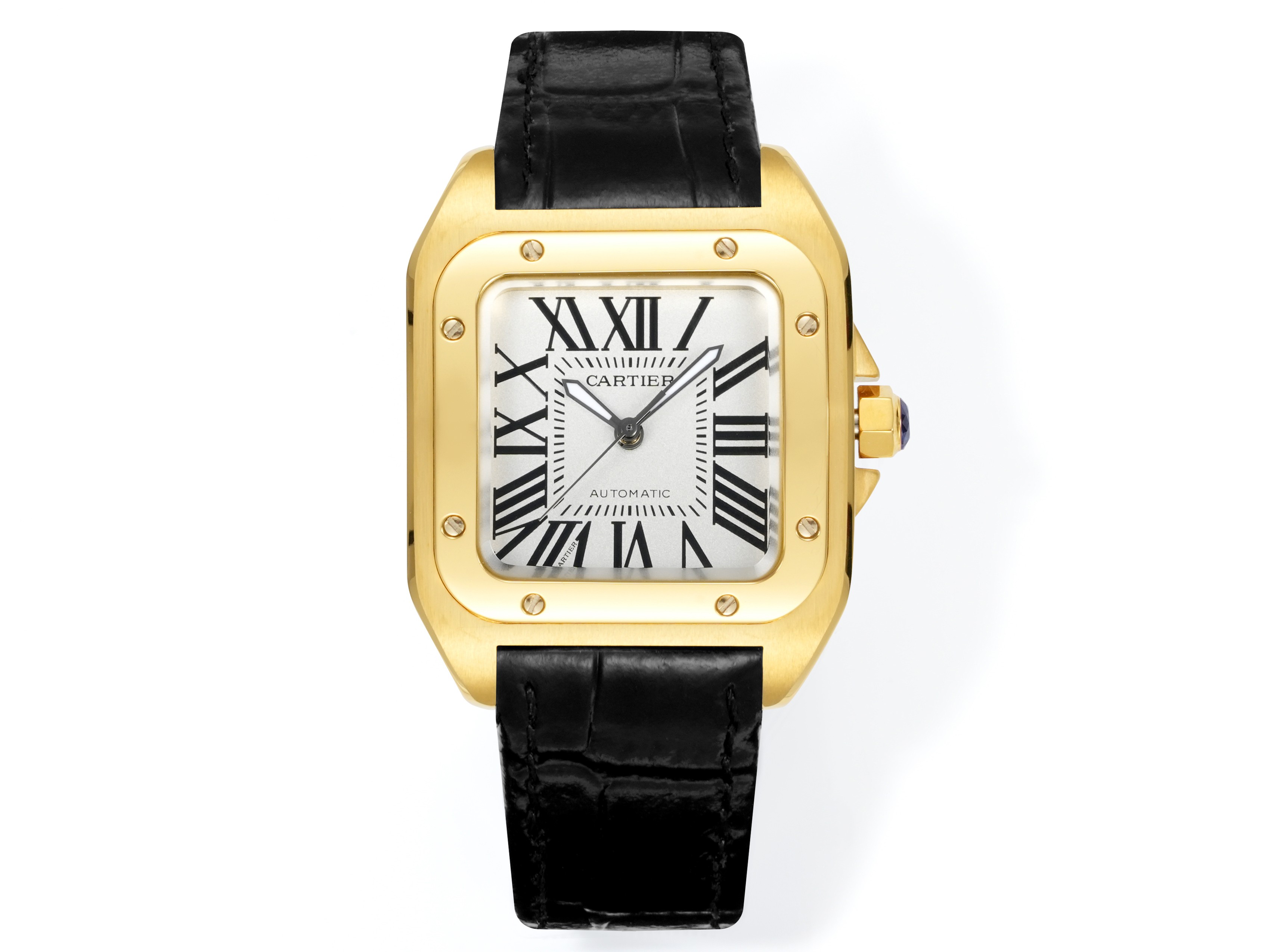 Cartier Santos 100 Silver Dial Yellow Gold Watch, 38mm×38mm, Automatic Movement