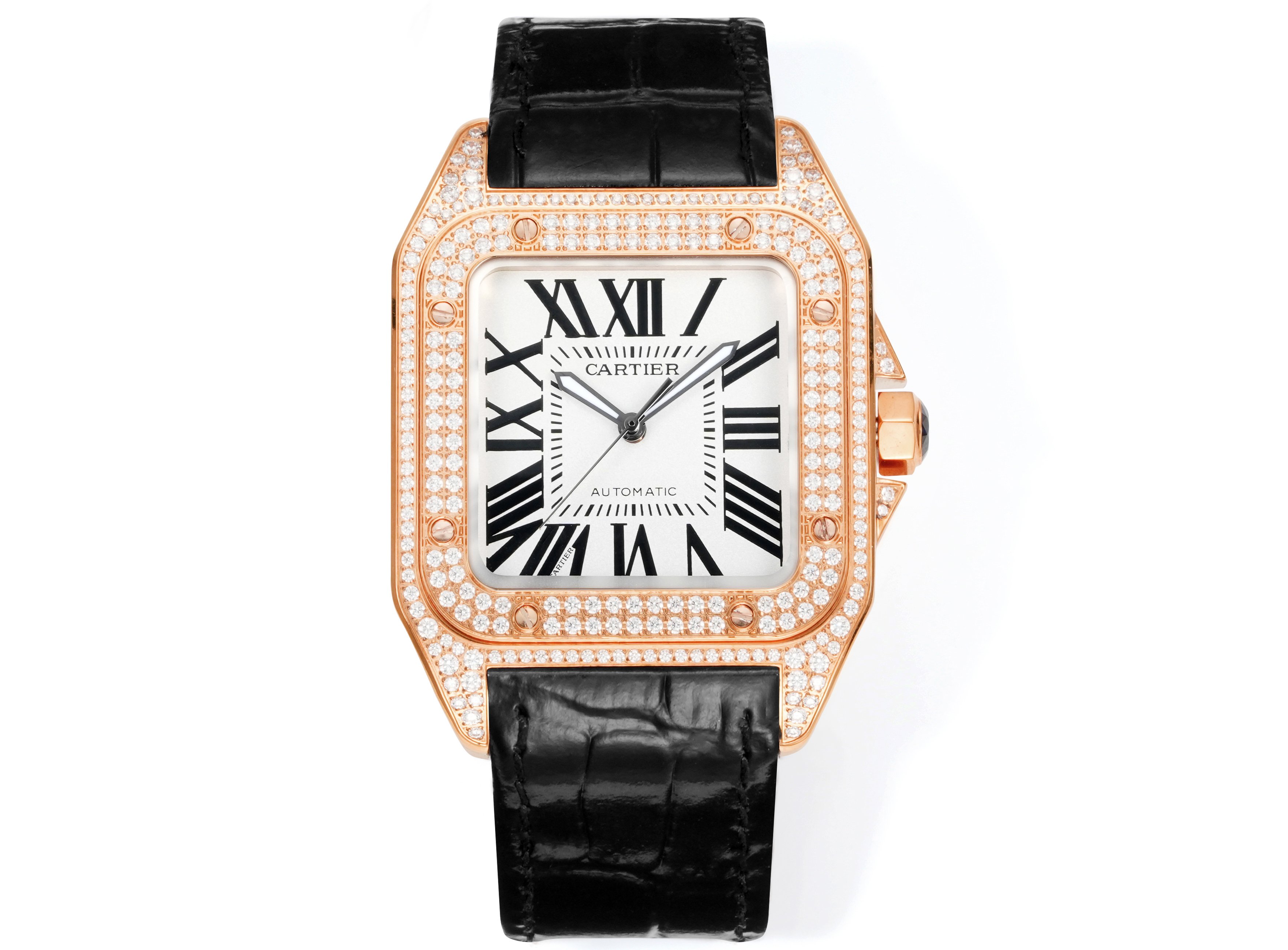 Cartier Santos 100 Diamond - Set White Dial Rose Gold Watch, 38mm×38mm, Automatic Movement