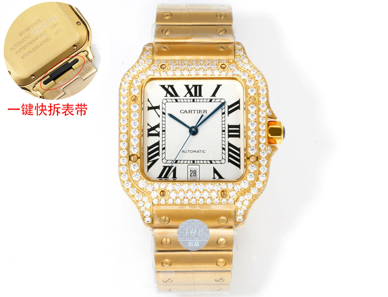Cartier Santos Diamond - Set White Dial Yellow Gold Watch, 39.8mm, Automatic Movement