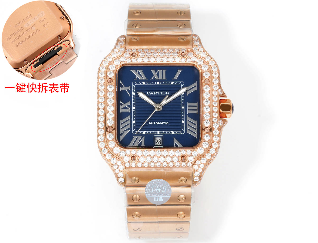 Cartier Santos Diamond - Set Blue Dial Rose Gold Watch, 39.8mm, Automatic Movement