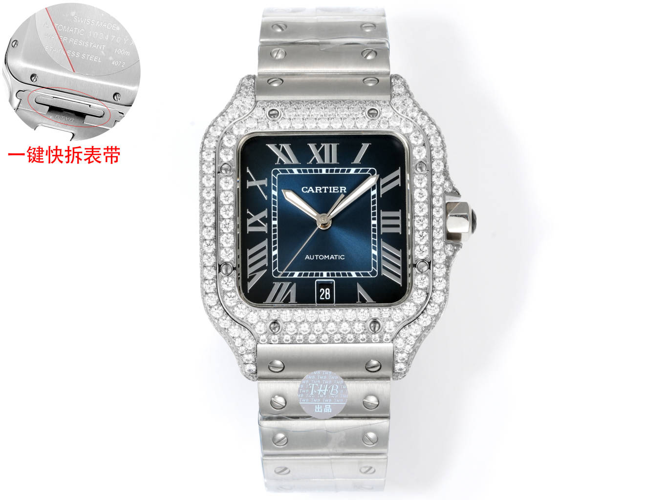 Cartier Santos Diamond - Set Blue Dial Stainless Steel Watch, 39.8mm, Automatic Movement