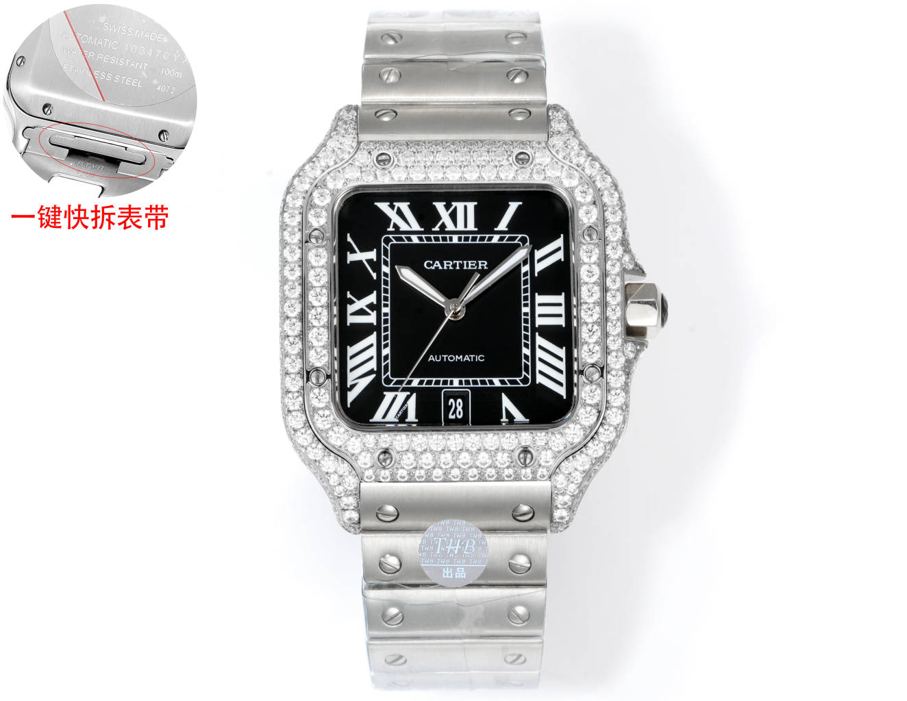 Cartier Santos Diamond - Set White Dial Stainless Steel Watch, 39.8mm, Automatic Movement