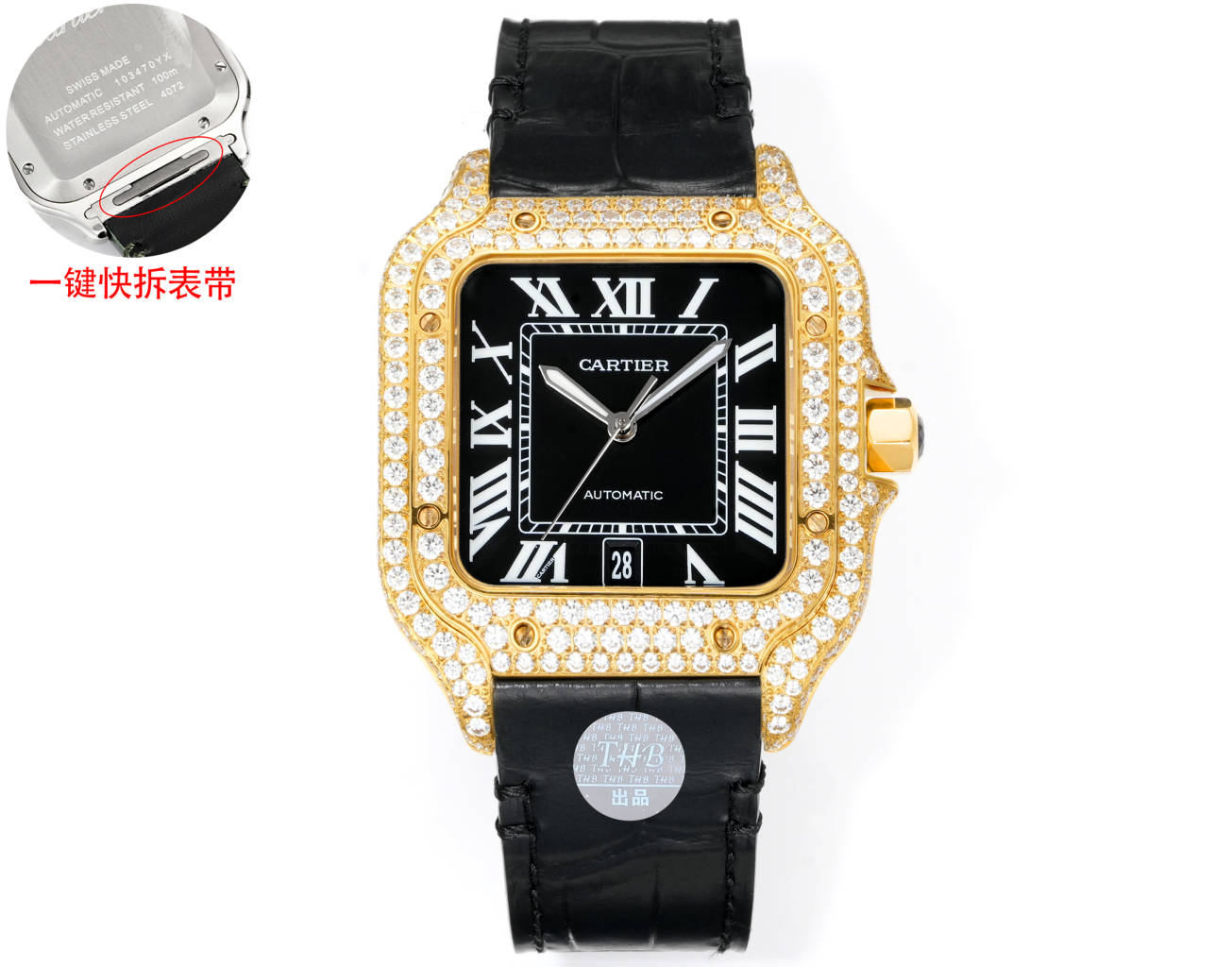 Cartier Santos Diamond - Set Black Dial Yellow Gold Watch, 39.8mm, Automatic Movement