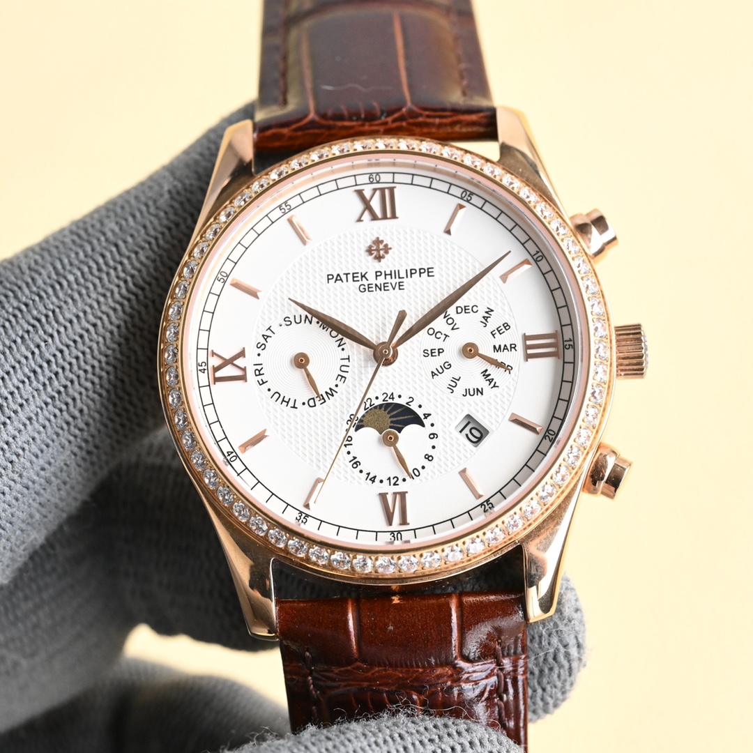 Patek Philippe Perpetual Calendar Diamond Bezel White Dial Rose Gold - Toned Stainless Steel Watch, 40mm, Automatic Movement