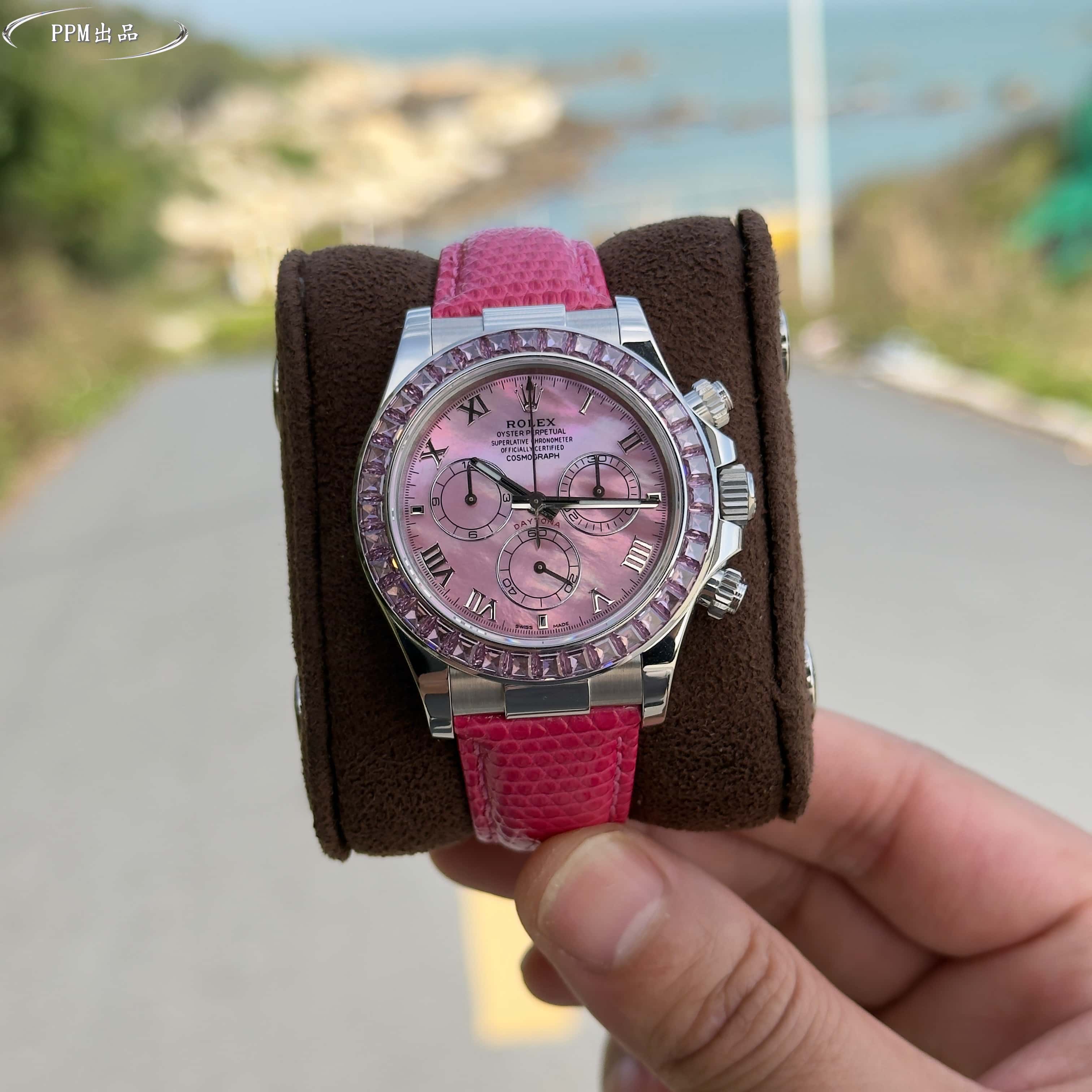 Rolex Daytona Pink Gemstone Bezel Mother - of - Pearl Dial Stainless Steel Watch, 40mm, Automatic Movement