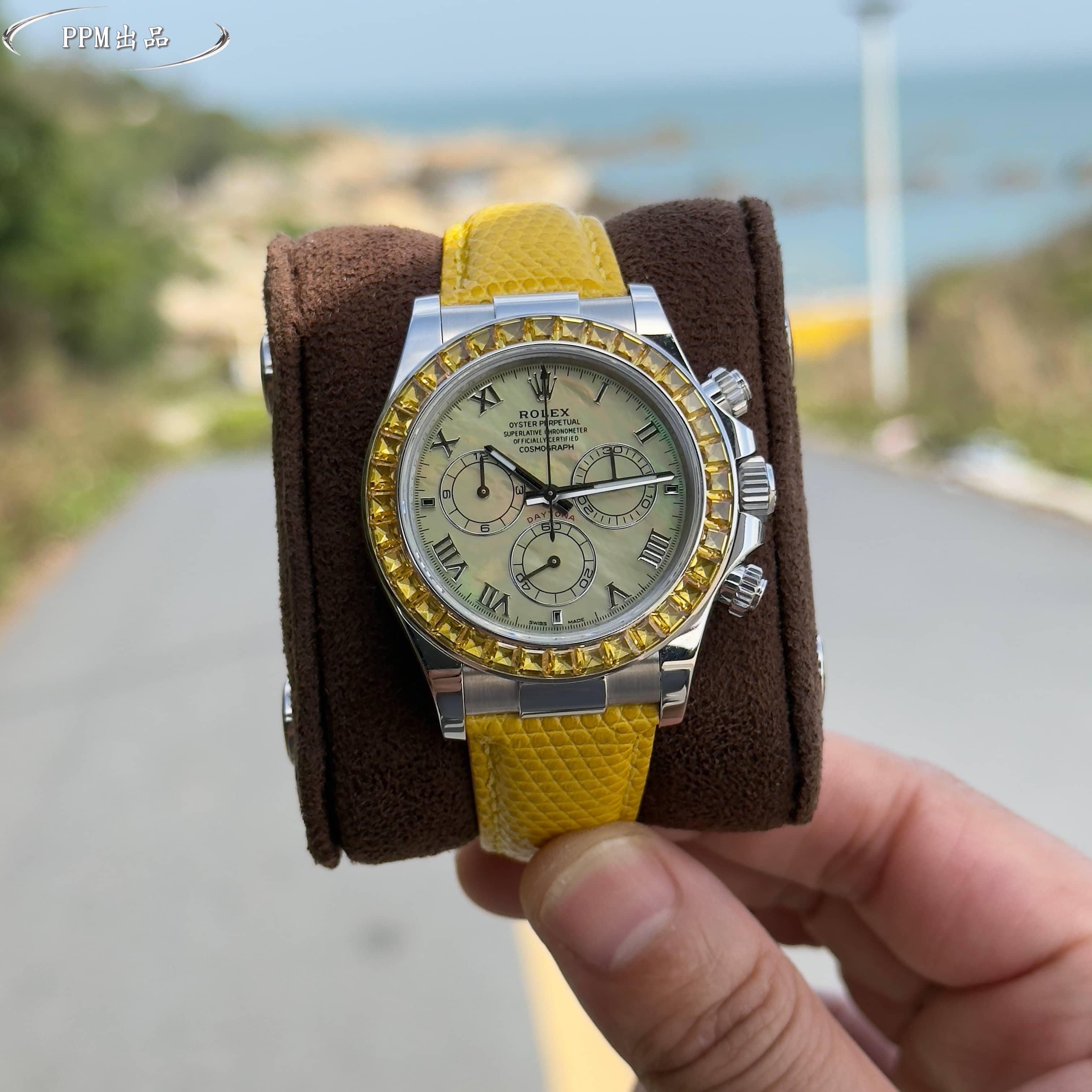 Rolex Daytona Yellow Gemstone Bezel Mother - of - Pearl Dial Stainless Steel Watch, 40mm, Automatic Movement