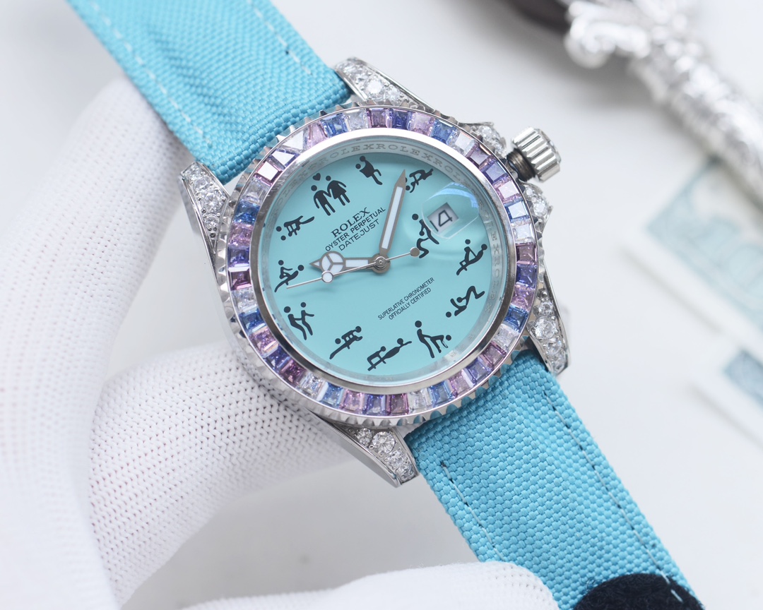 Rolex Datejust White Dial Stainless Steel Watch with Colored Stones, 40mm, Automatic Movement