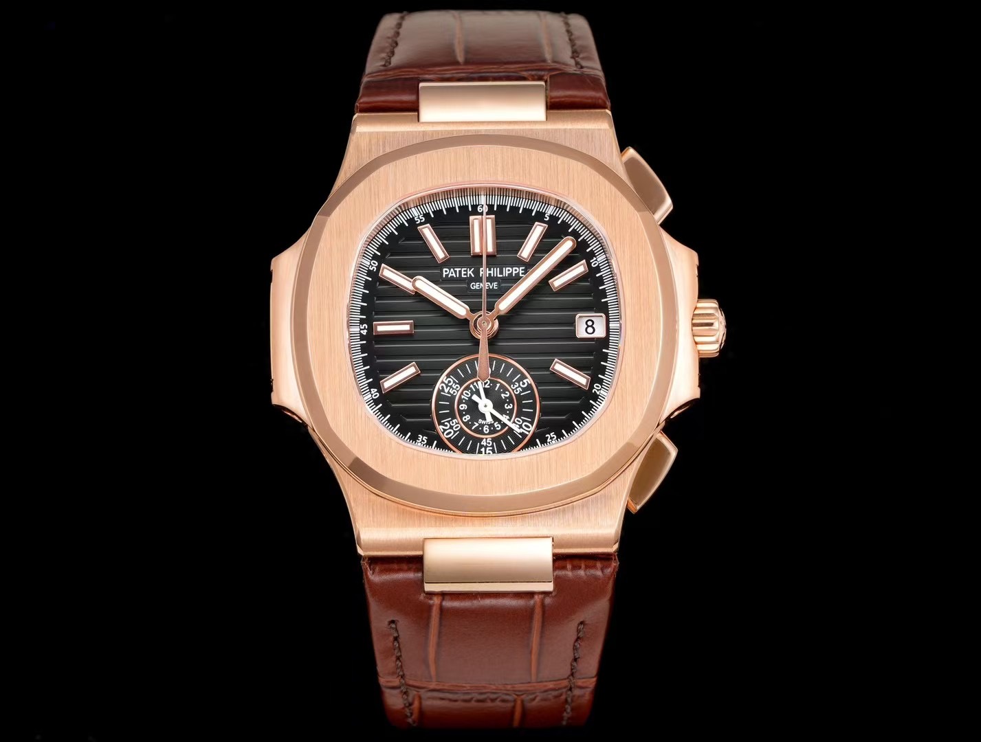 Patek Philippe Nautilus Black Dial Rose Gold Watch, 40mm, Automatic Movement
