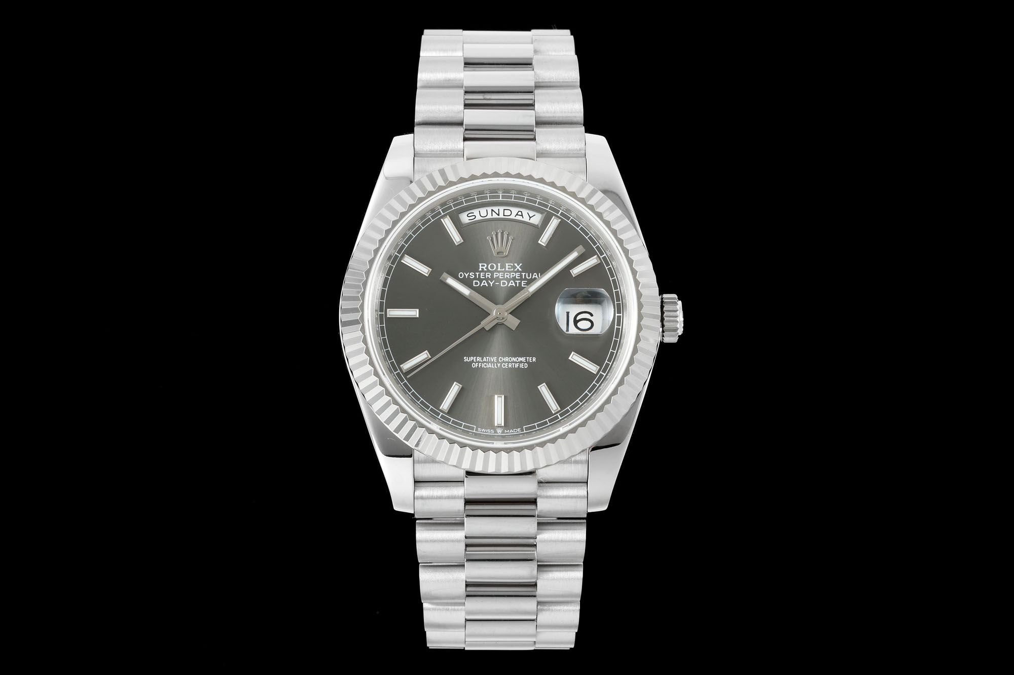 Rolex Oyster Perpetual Day - Date Slate Baton - Dial 18K White Gold Watch, 40mm, Automatic Movement