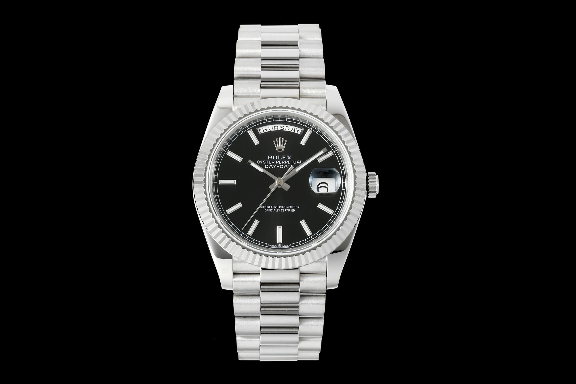 Rolex Oyster Perpetual Day - Date Black Baton - Dial 18K White Gold Watch, 40mm, Automatic Movement