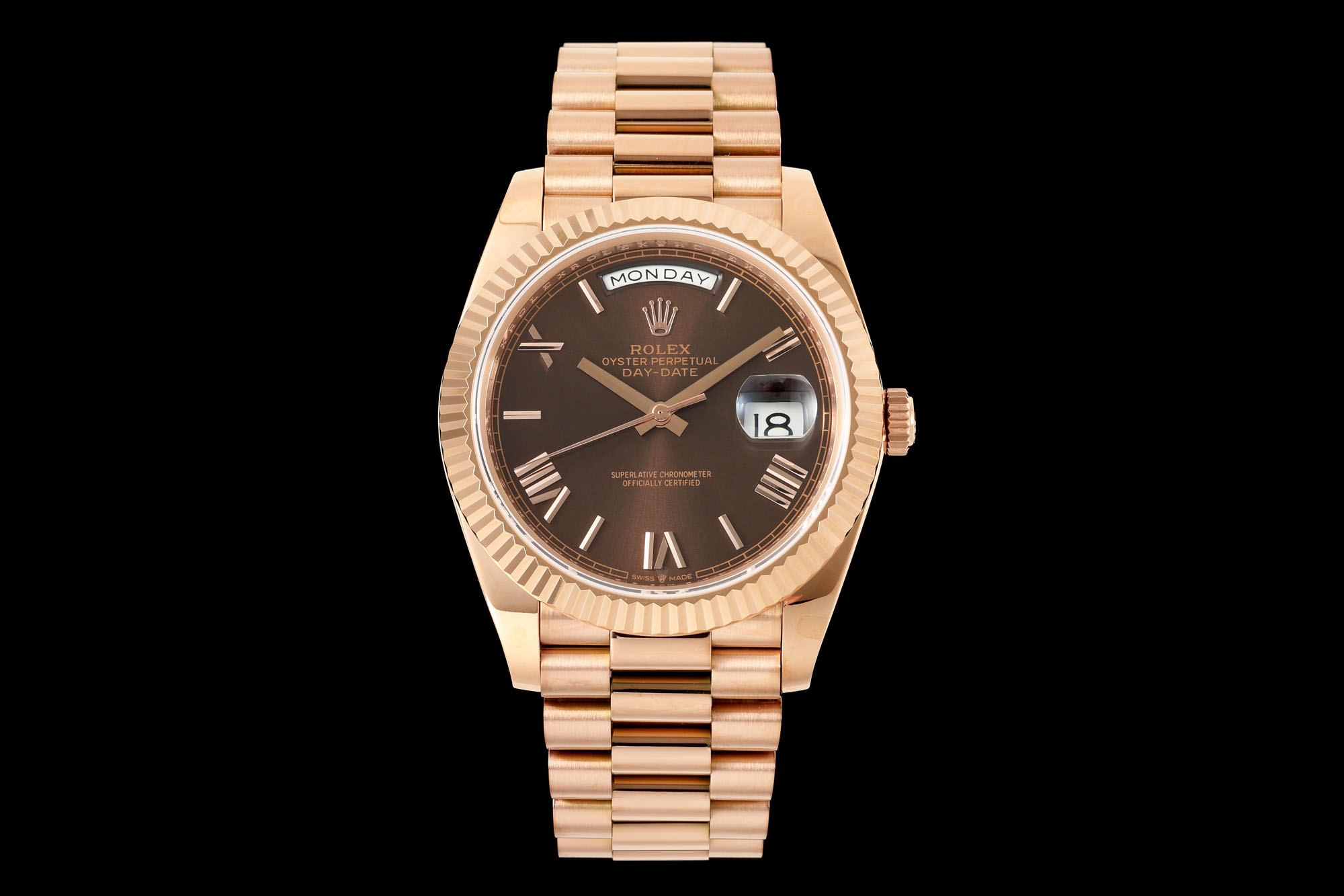 Rolex Oyster Perpetual Day - Date Chocolate Roman - Numeral Dial 18K Rose Gold Watch, 40mm, Automatic Movement