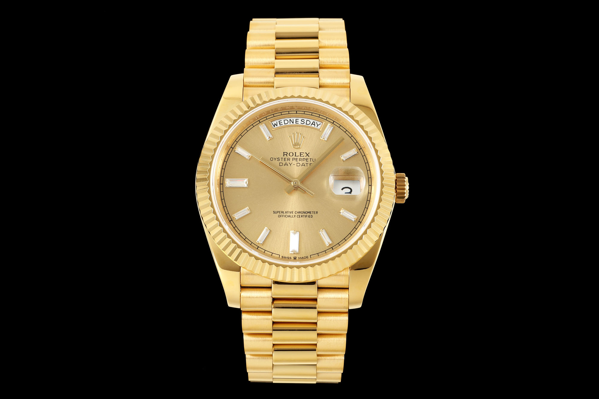 Rolex Oyster Perpetual Day - Date Champagne Diamond - Marked Dial 18K Gold Watch, 40mm, Automatic Movement