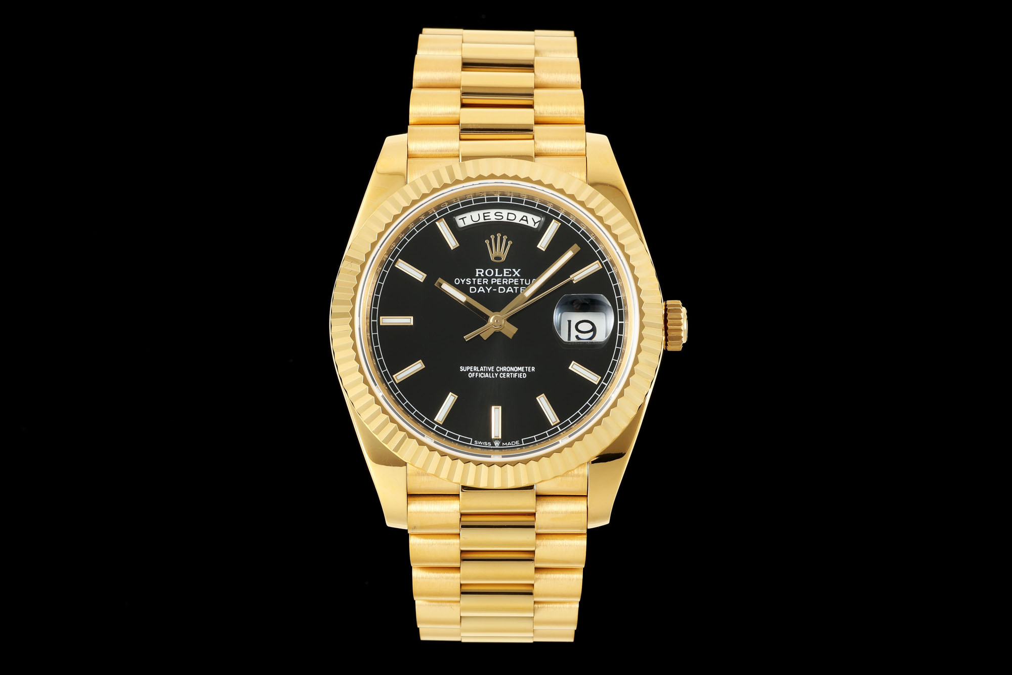 Rolex Oyster Perpetual Day - Date Black Dial 18K Gold Watch, 40mm, Automatic Movemen