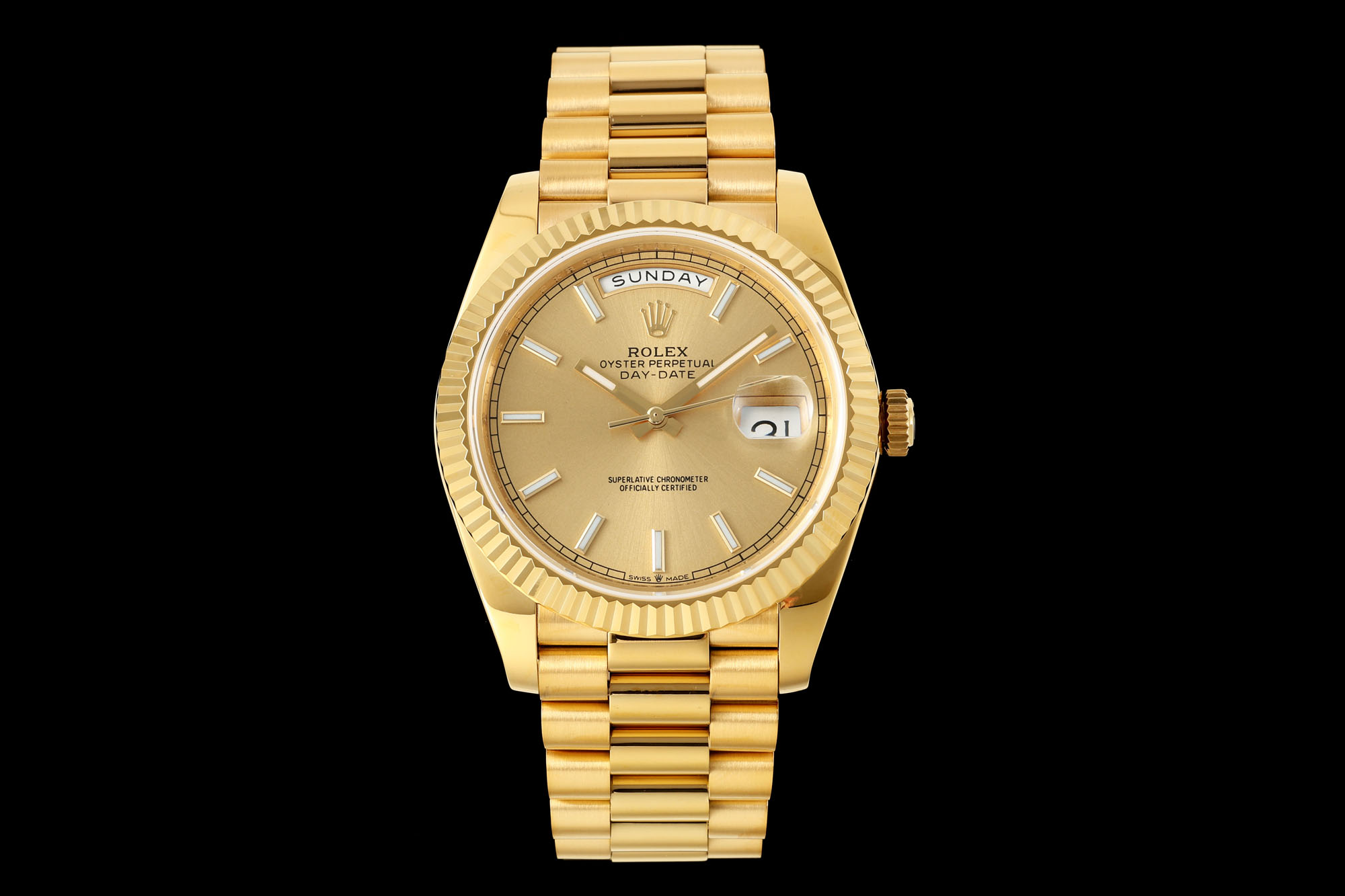 Rolex Oyster Perpetual Day - Date Champagne Dial 18K Gold Watch, 40mm, Automatic Movement