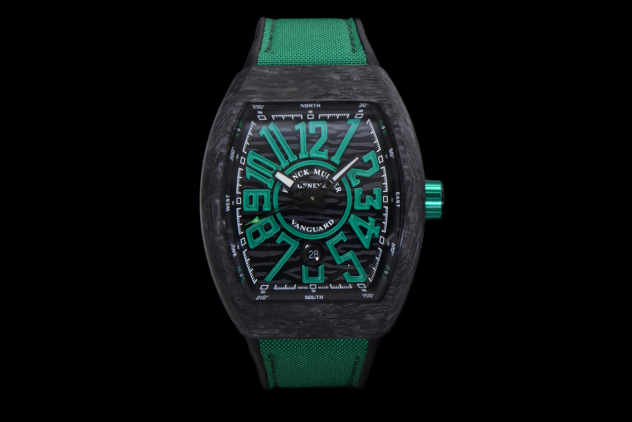 Franck Muller Vanguard Carbon - Case Green Numerals Tonneau Watch, 45mm, Automatic Movement