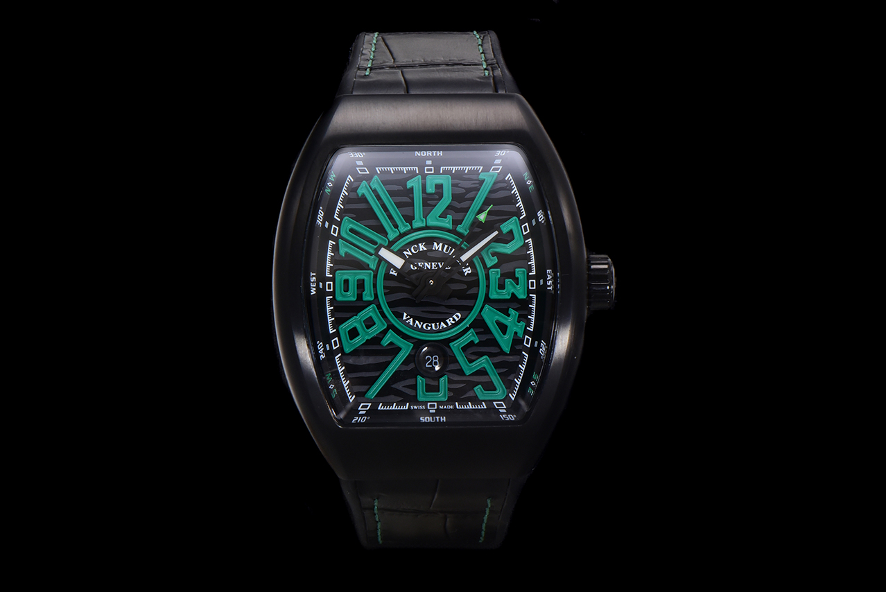 Franck Muller Vanguard Green Numerals Black Dial Tonneau Watch, 45mm, Automatic Movement