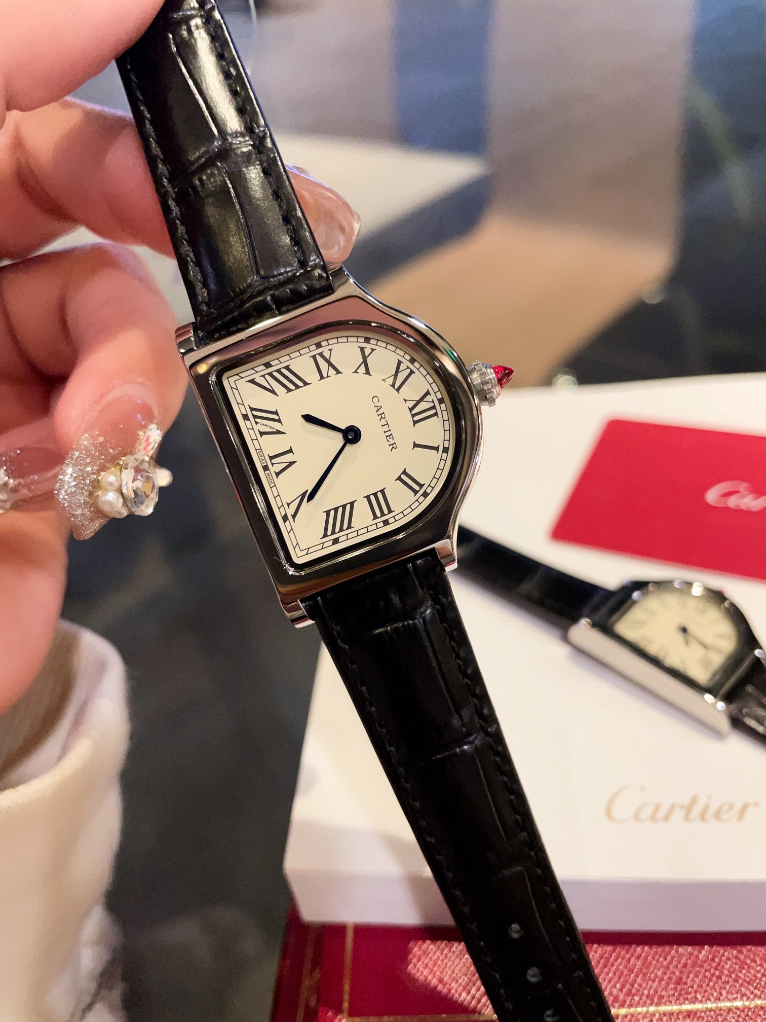 Cartier Tortue - Inspired Cream Dial Black Leather Strap Watch, 30mm, Quartz Movement