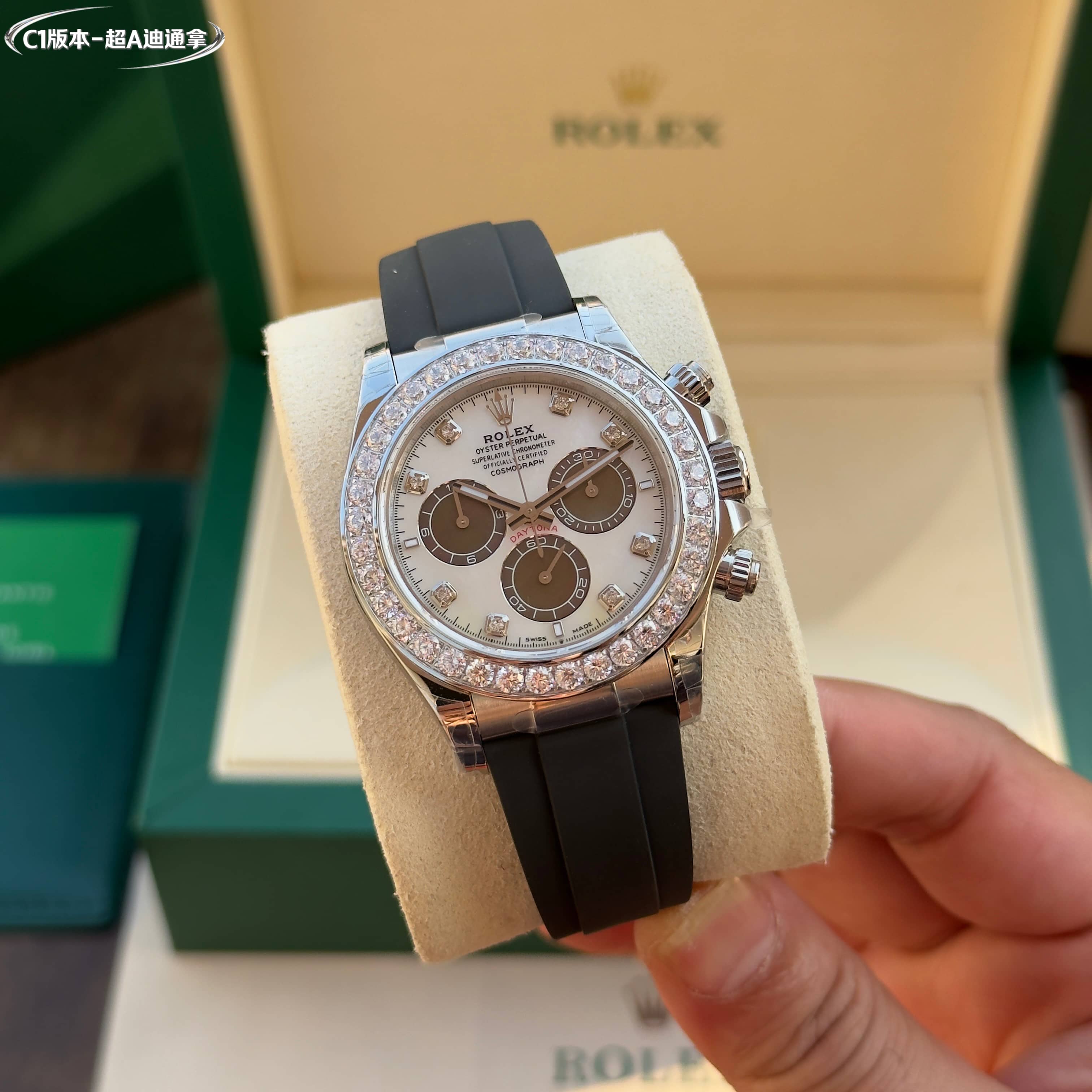 Rolex Daytona Pearl - White Dial Diamond - Bezel Stainless Steel Chronograph Watch, 40mm, DanDong 4130 Movement