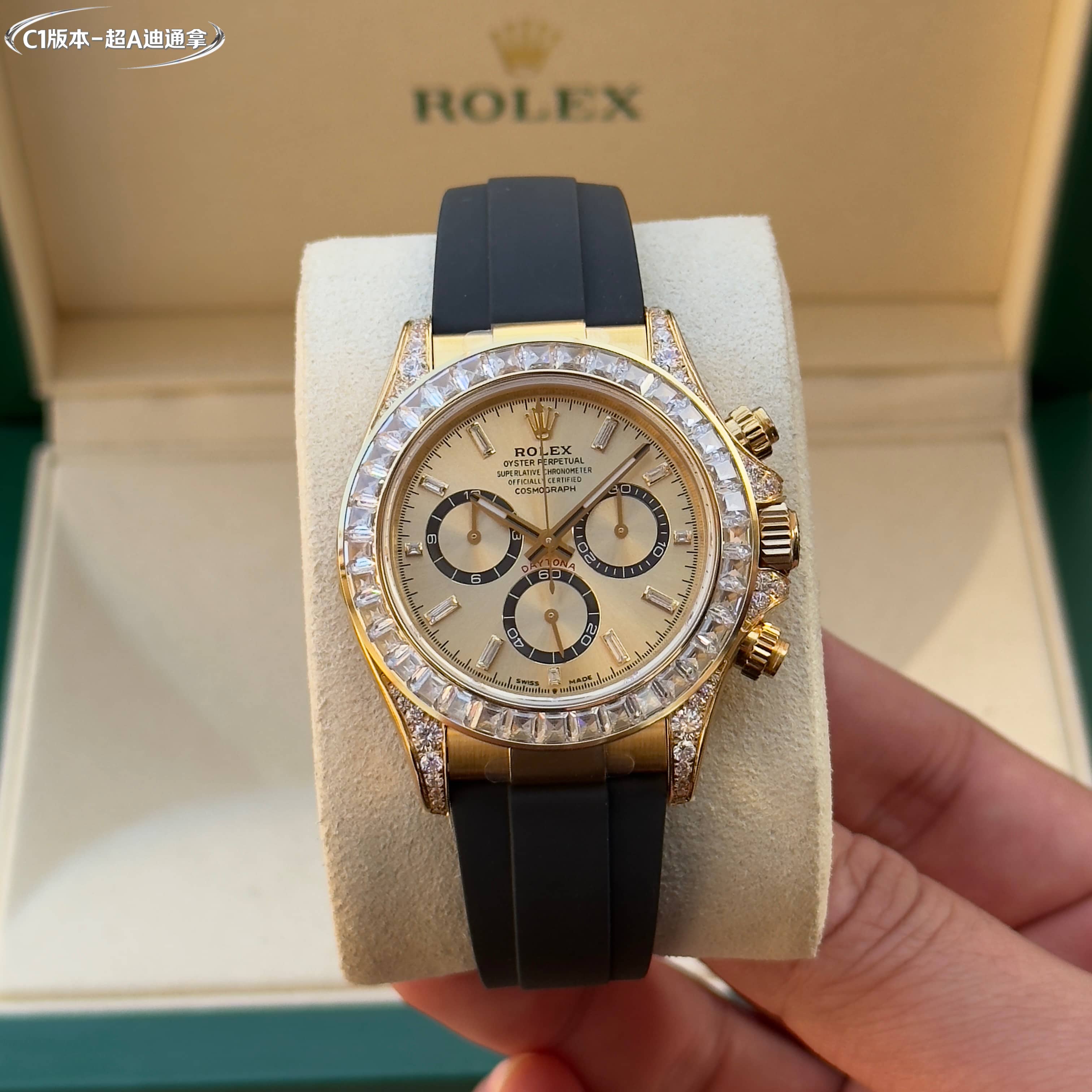 Rolex Daytona Champagne Dial Baguette Diamond - Set 18K Gold Watch, 40mm, Calibre 4130 Movement