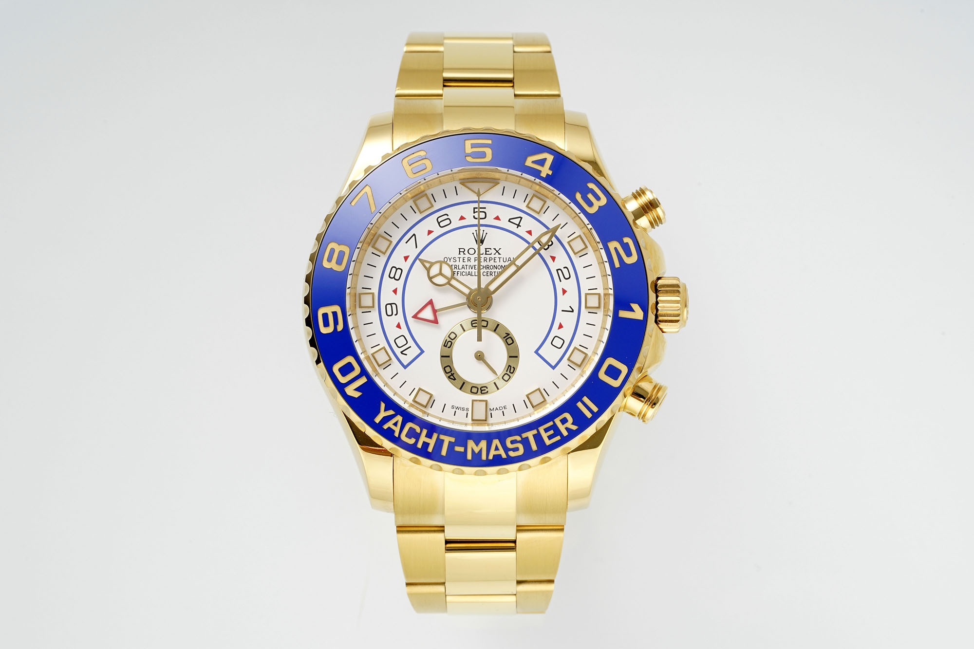 Rolex Yacht-Master II White Dial Blue Cerachrom Bezel 18K Gold Watch, 44mm, Calibre 4161 Movement